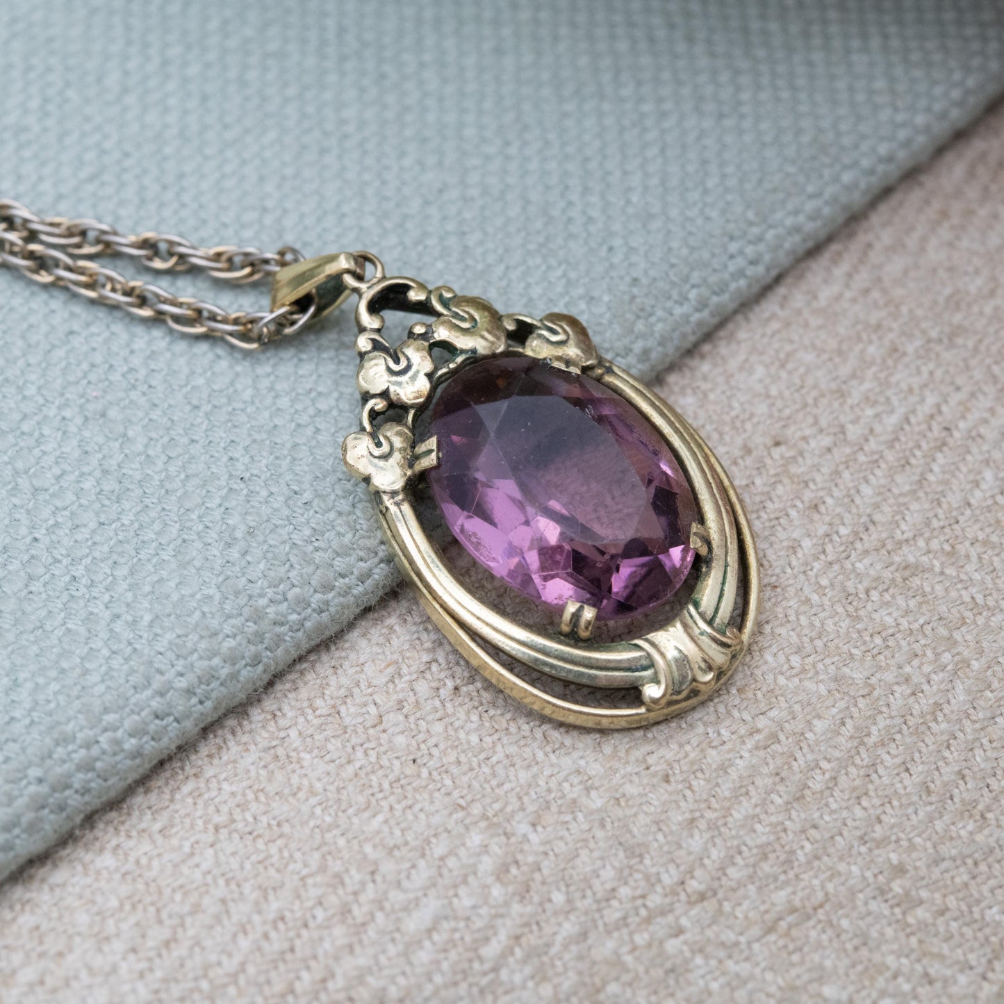 Vintage Oresto Gold Plated Pendant Necklace with Large Purple Paste Stone c. 1930s - Speidel Jewellery