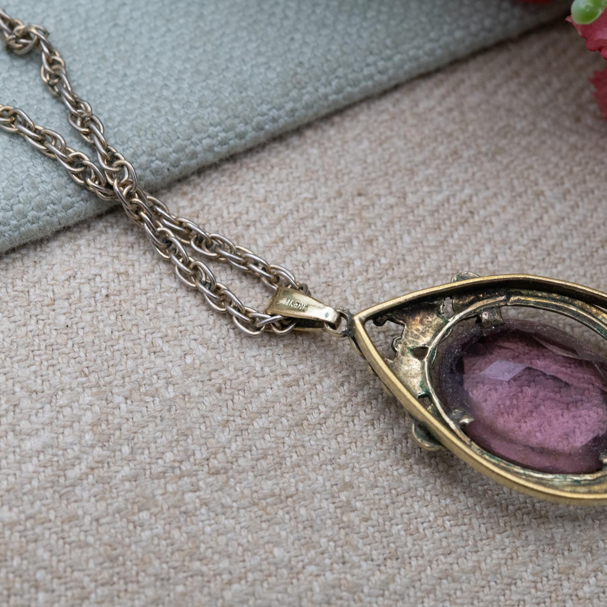 Vintage Oresto Gold Plated Pendant Necklace with Large Purple Paste Stone c. 1930s - Speidel Jewellery