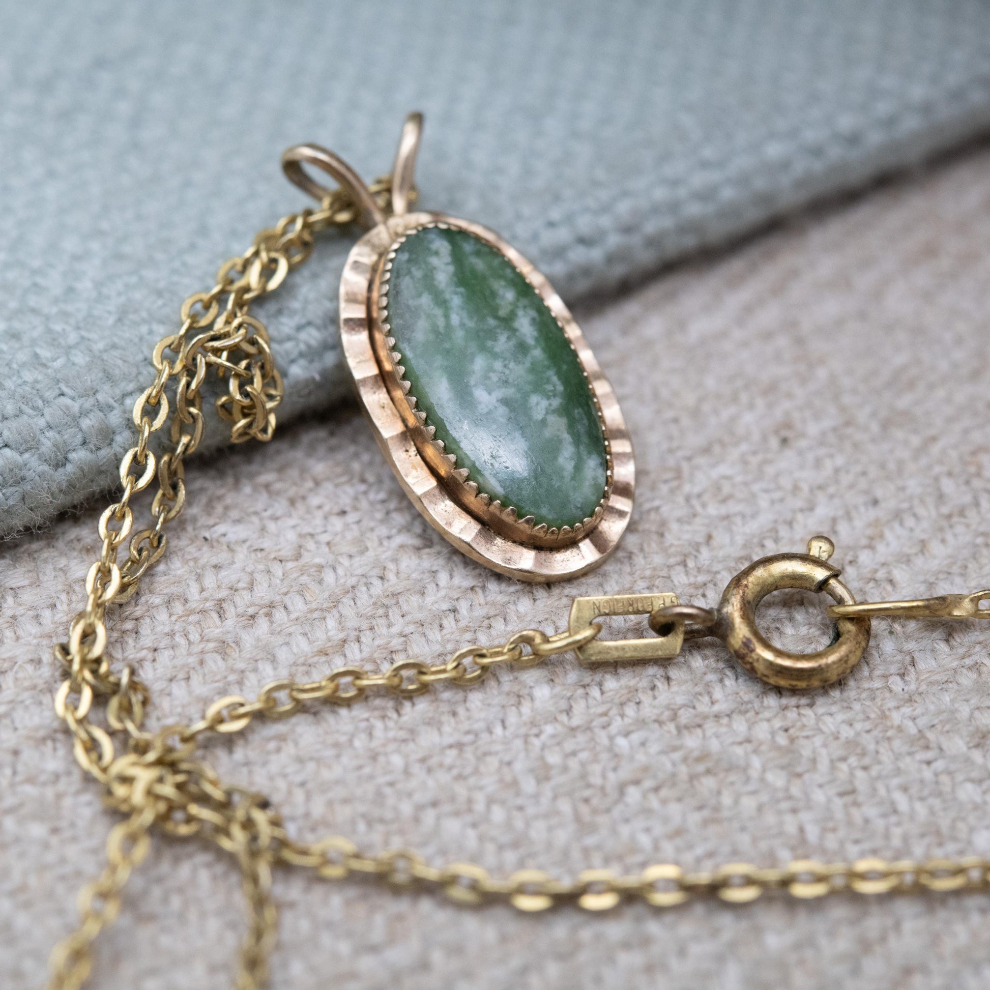 Vintage 14ct Gold Plated Green Stone Pendant Necklace on Chain by Andreas Daub A*D c. 1960s