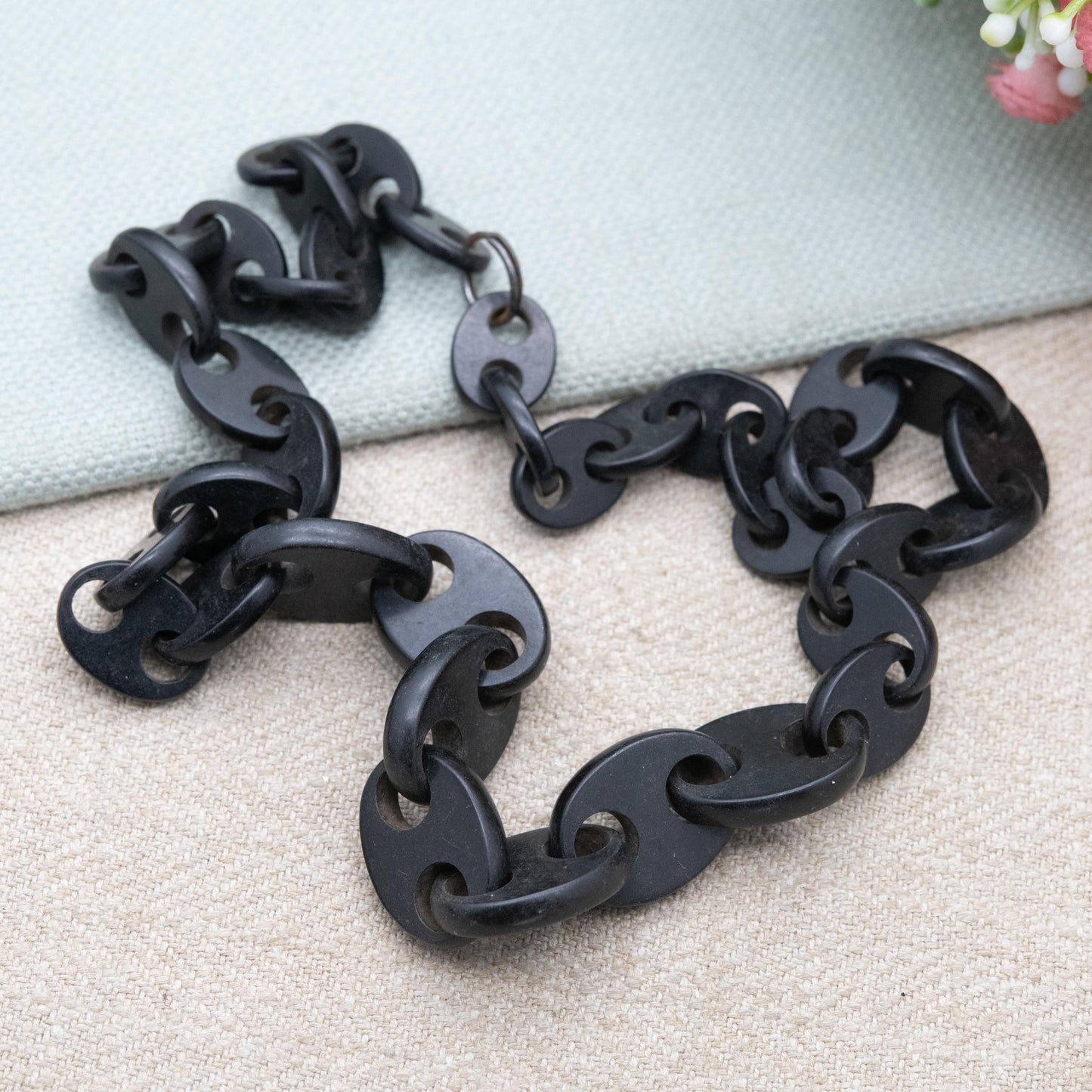 Antique Victorian Vulcanite Chain Necklace 18" Graduated Anchor Links c. 1880s