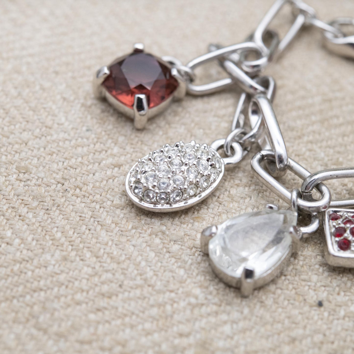 Swarovski Charm Bracelet with White and Red Crystals - Silver Tone