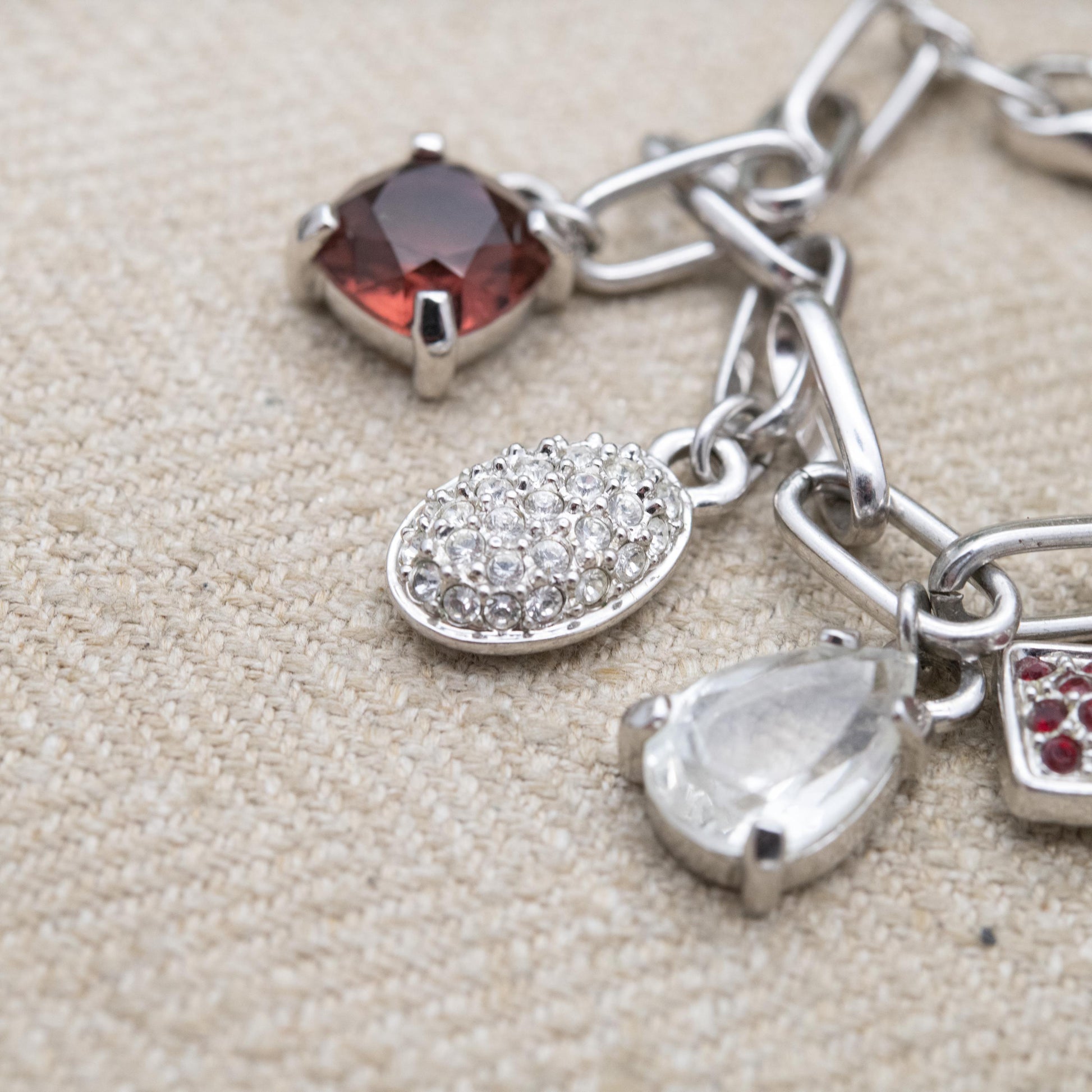 Swarovski Charm Bracelet with White and Red Crystals - Silver Tone