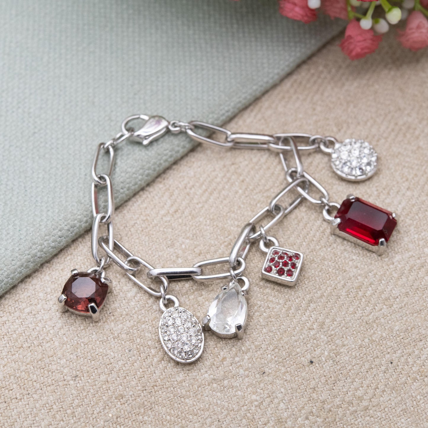 Swarovski Charm Bracelet with White and Red Crystals - Silver Tone