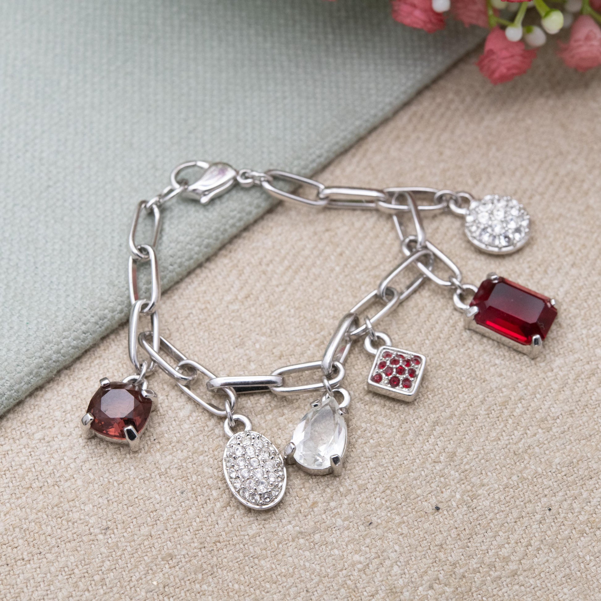 Swarovski Charm Bracelet with White and Red Crystals - Silver Tone