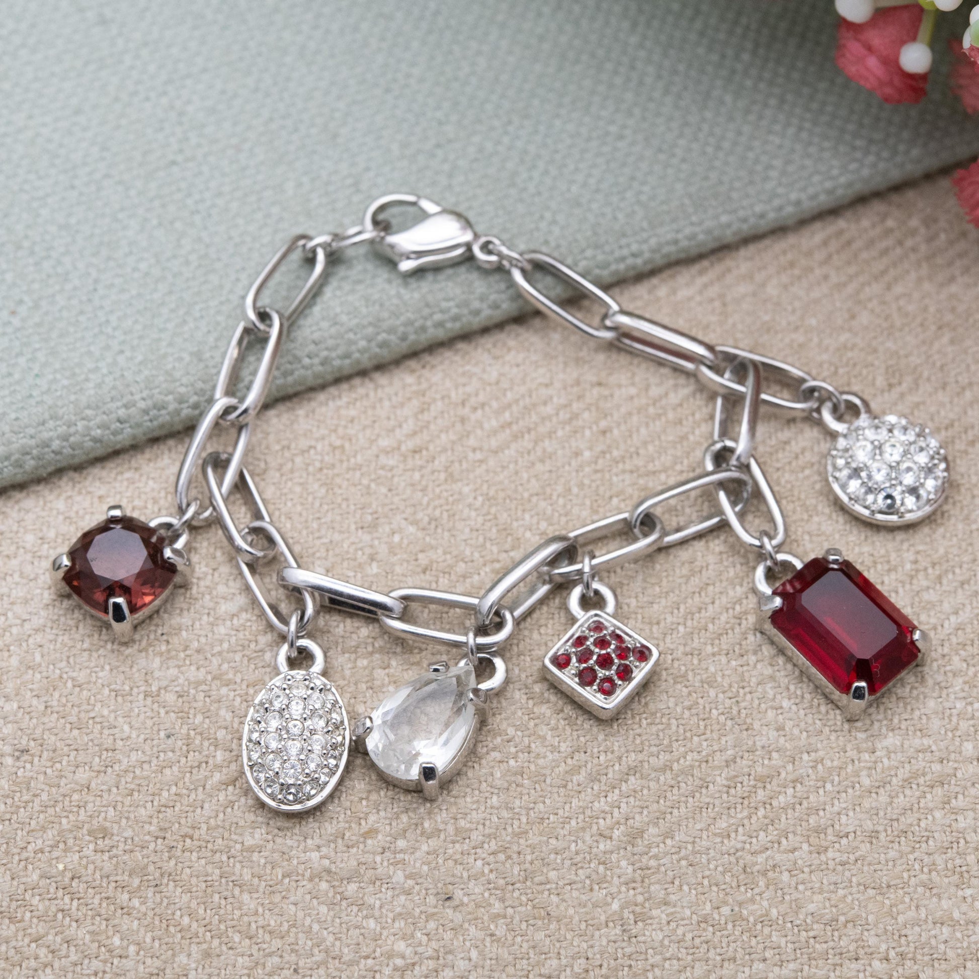 Swarovski Charm Bracelet with White and Red Crystals - Silver Tone