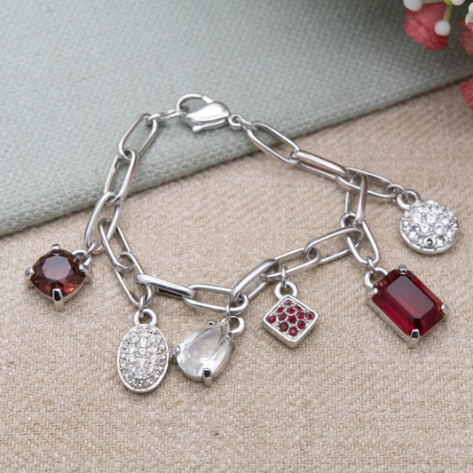 Swarovski Charm Bracelet with White and Red Crystals - Silver Tone