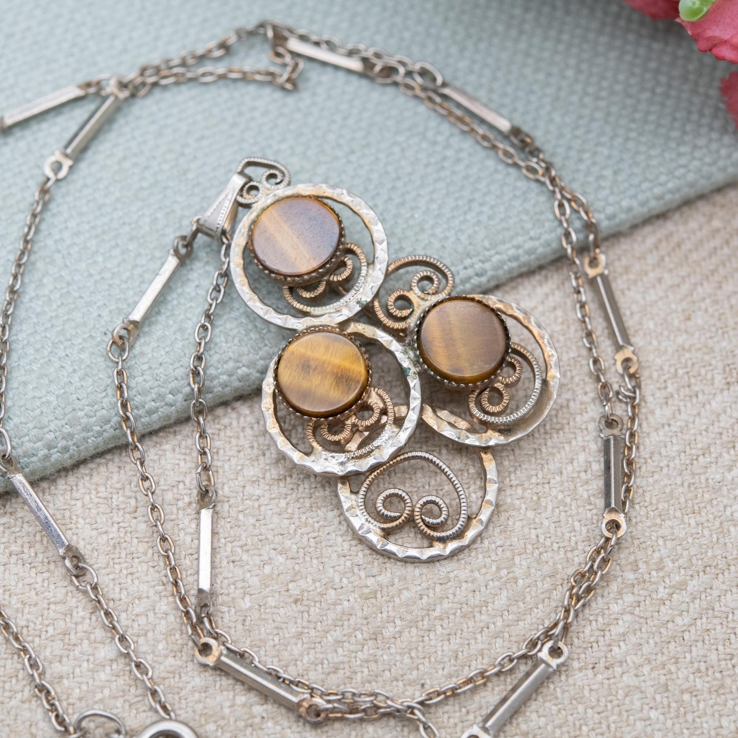 Vintage Hobé Tigers Eye Pendant Necklace or Brooch c. 1960s - Long Bar Link Chain | 62cm