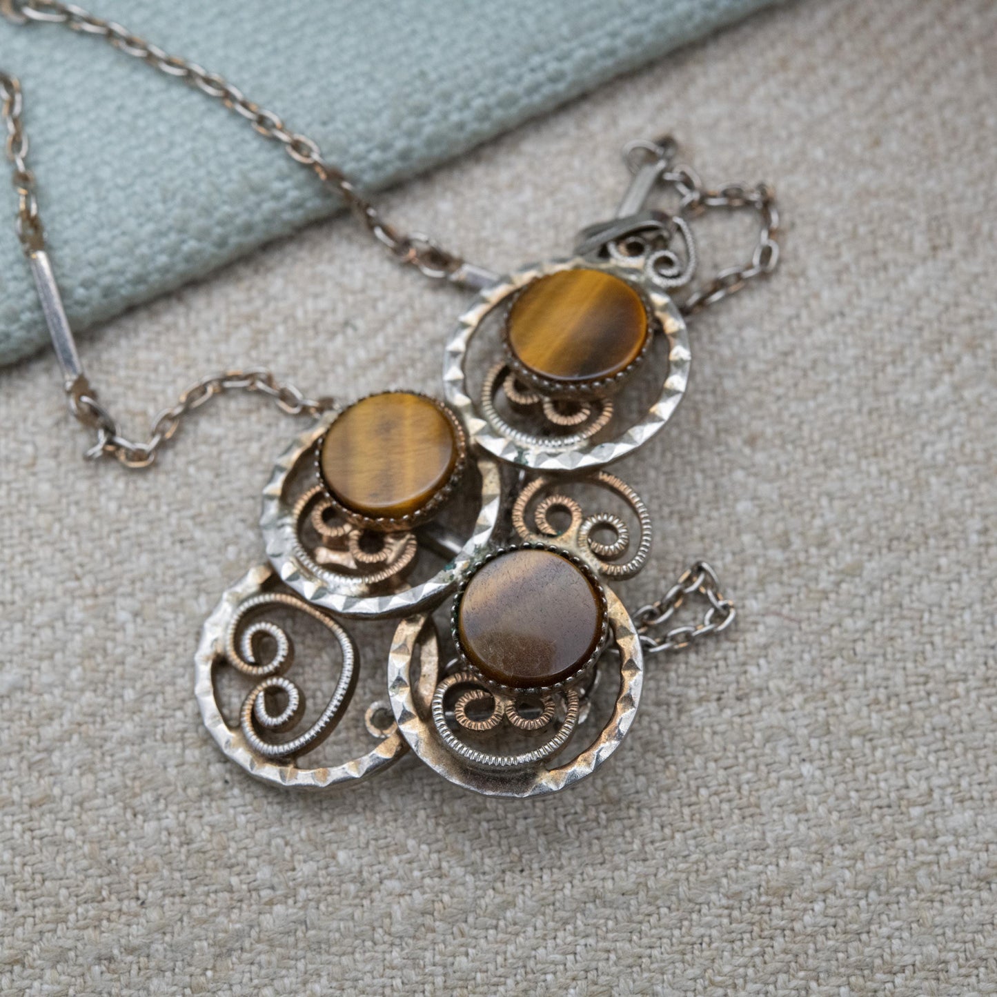 Vintage Hobé Tigers Eye Pendant Necklace or Brooch c. 1960s - Long Bar Link Chain | 62cm