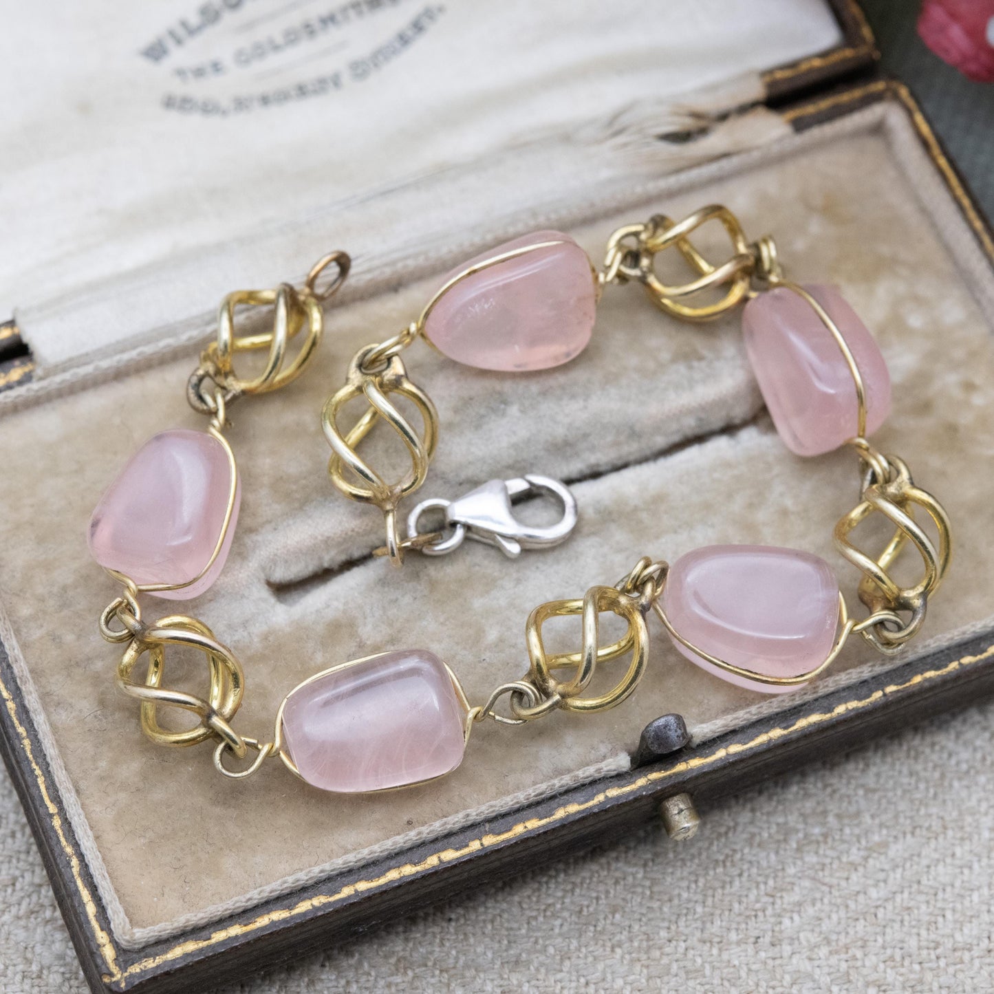 Vintage Gold Filled Rose Quartz Bracelet with Sterling Silver Clasp AM Double - Twisted Cage Design | 8"