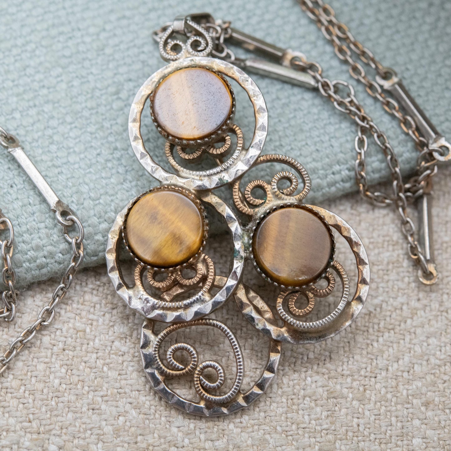 Vintage Hobé Tigers Eye Pendant Necklace or Brooch c. 1960s - Long Bar Link Chain | 62cm