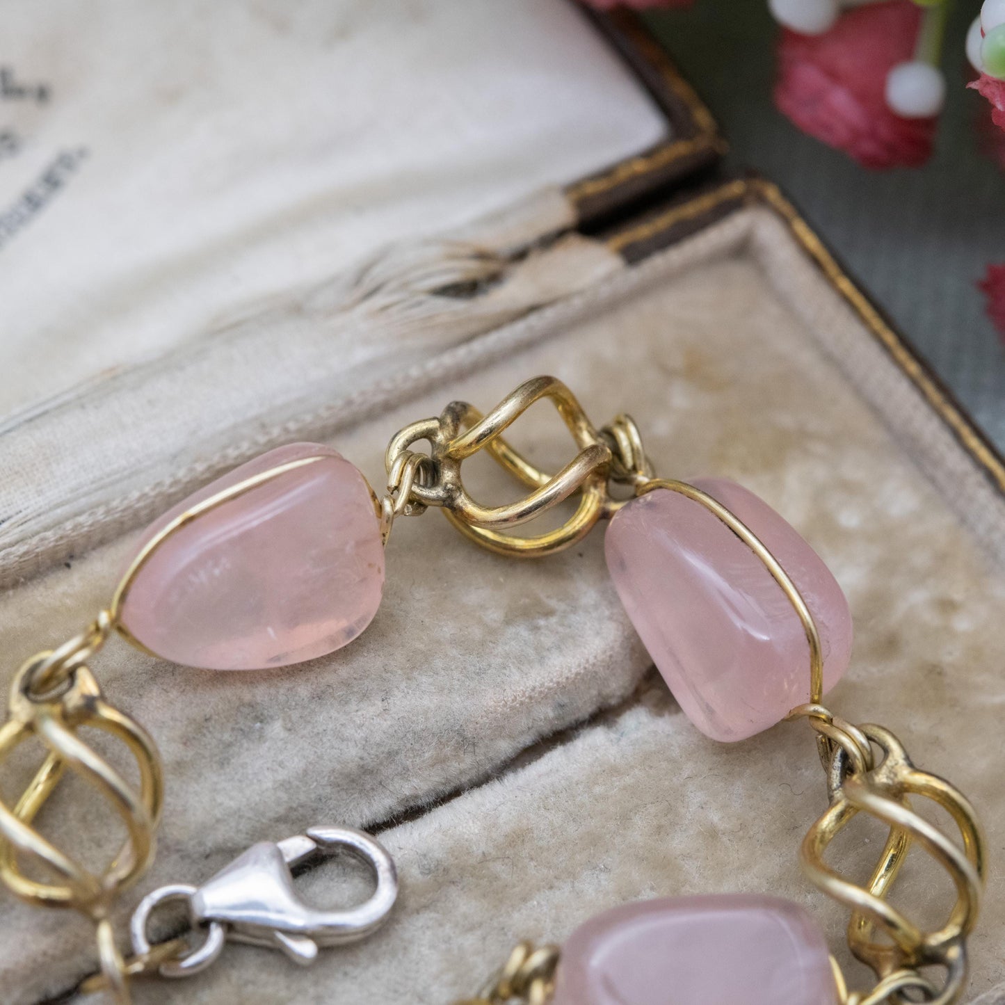 Vintage Gold Filled Rose Quartz Bracelet with Sterling Silver Clasp AM Double - Twisted Cage Design | 8"