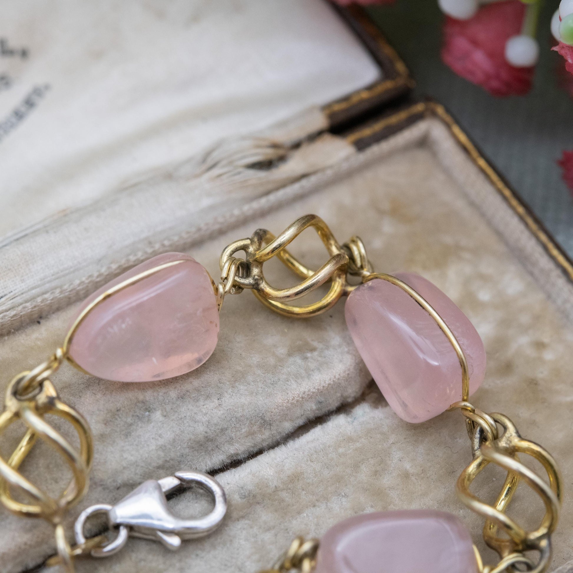Vintage Gold Filled Rose Quartz Bracelet with Sterling Silver Clasp AM Double - Twisted Cage Design | 8"