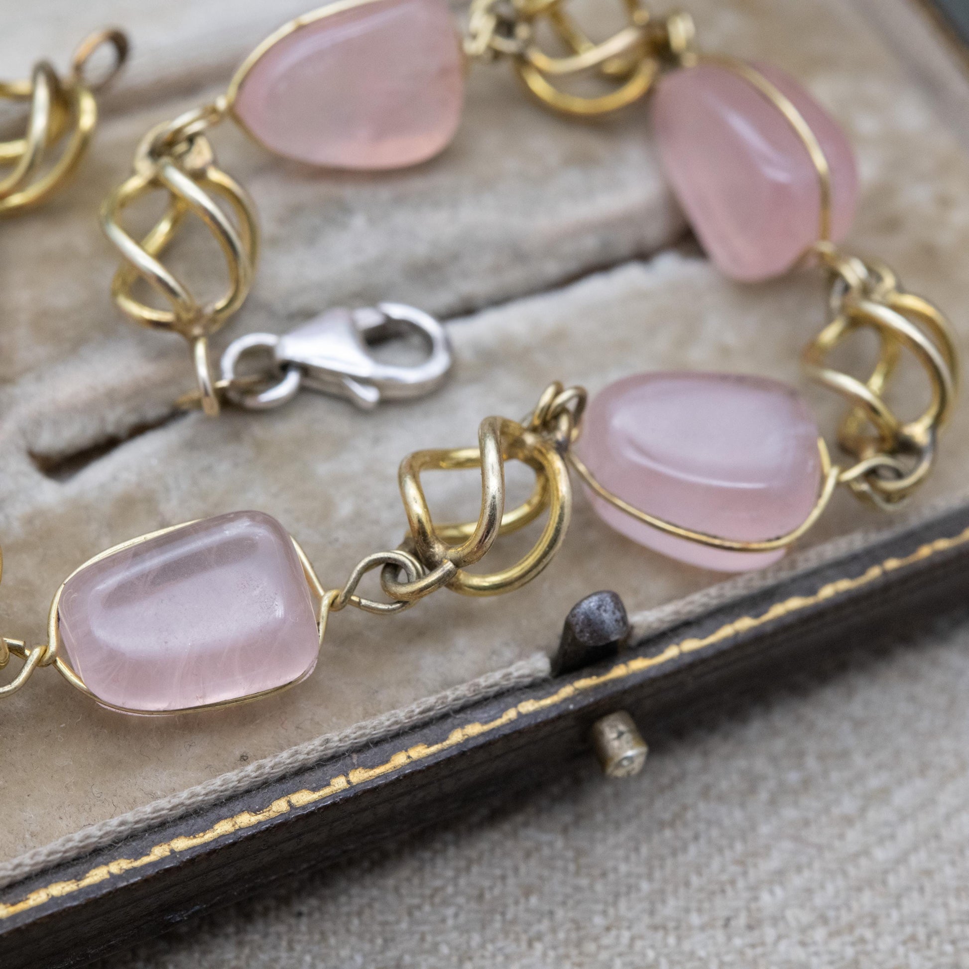 Vintage Gold Filled Rose Quartz Bracelet with Sterling Silver Clasp AM Double - Twisted Cage Design | 8"