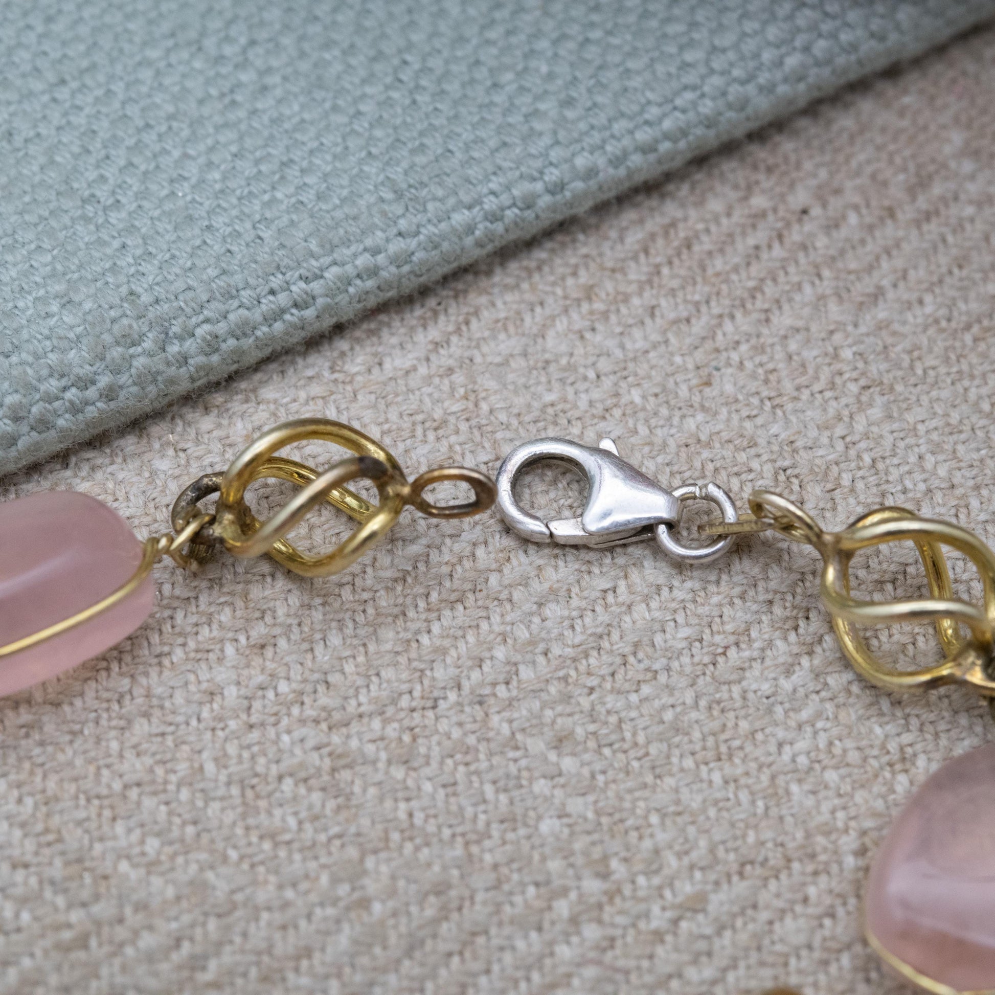 Vintage Gold Filled Rose Quartz Bracelet with Sterling Silver Clasp AM Double - Twisted Cage Design | 8"