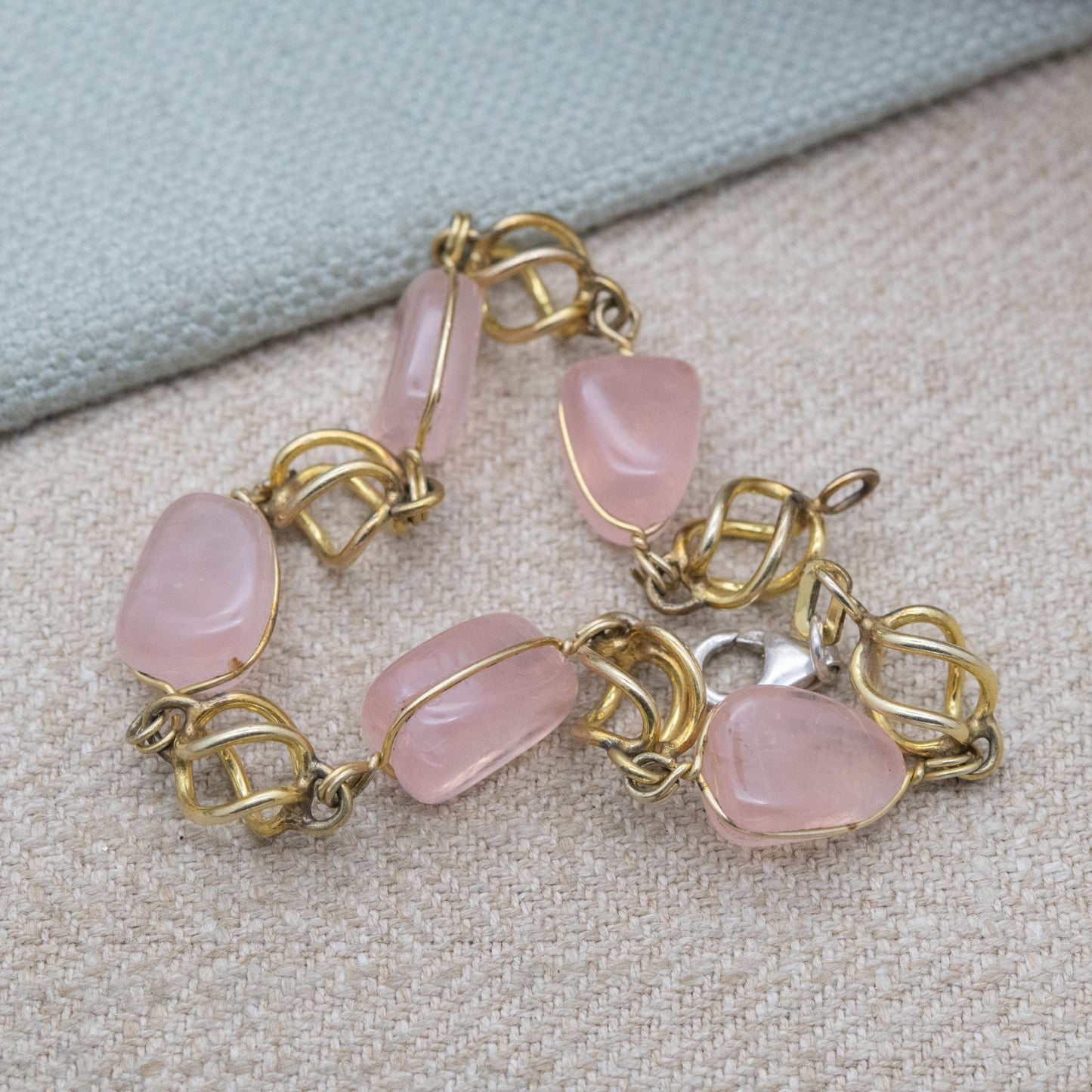 Vintage Gold Filled Rose Quartz Bracelet with Sterling Silver Clasp AM Double - Twisted Cage Design | 8"