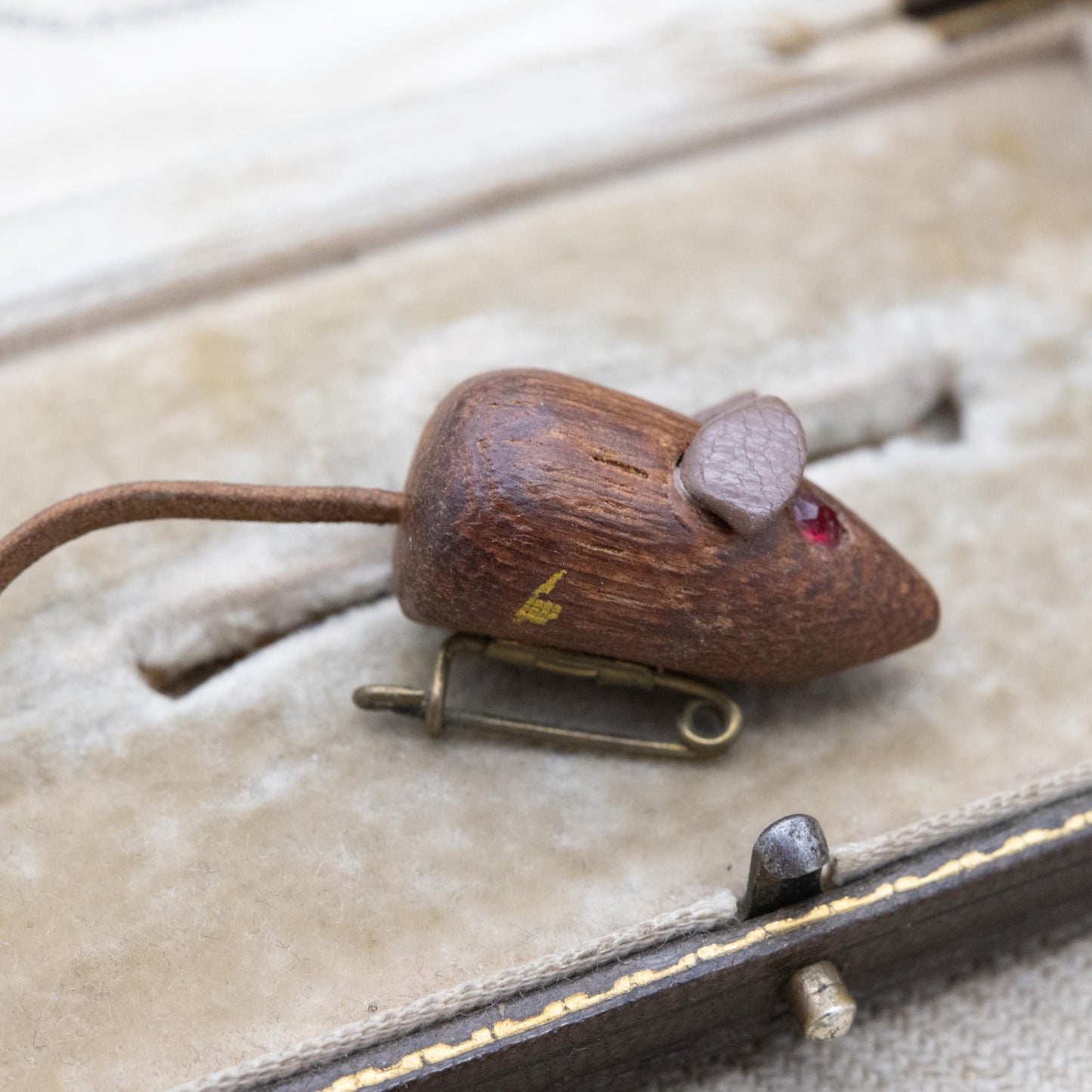 Vintage Wooden Mouse Brooch - Red Eyes | Leather Tale | Unisex Gift for Animal Lover