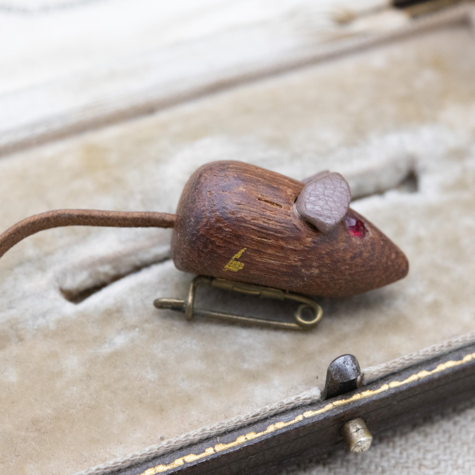 Vintage Wooden Mouse Brooch - Red Eyes | Leather Tale | Unisex Gift for Animal Lover