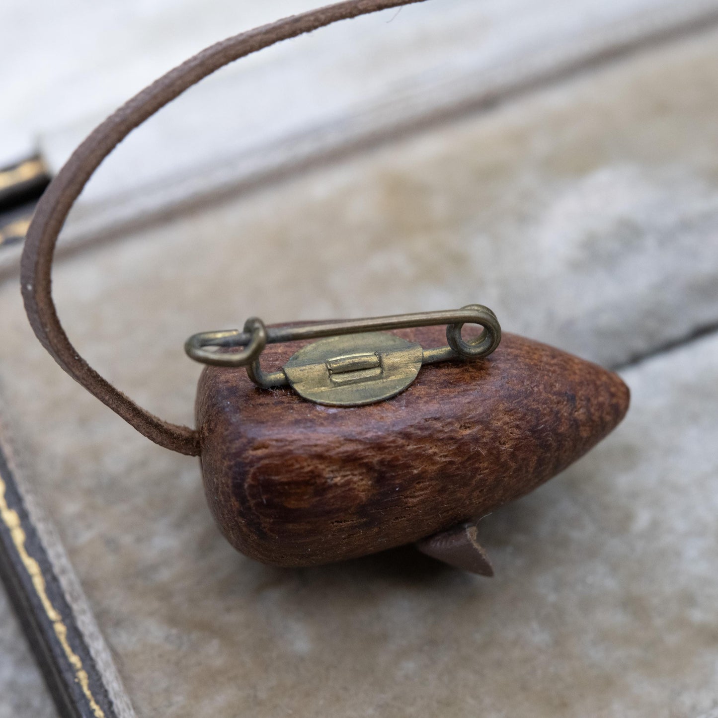 Vintage Wooden Mouse Brooch - Red Eyes | Leather Tale | Unisex Gift for Animal Lover