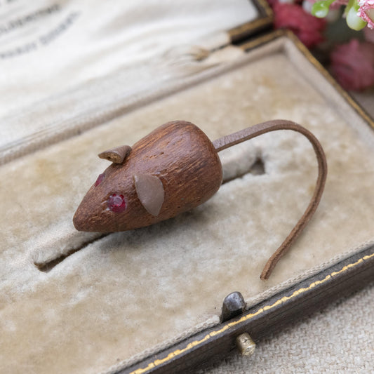 Vintage Wooden Mouse Brooch - Red Eyes | Leather Tale | Unisex Gift for Animal Lover