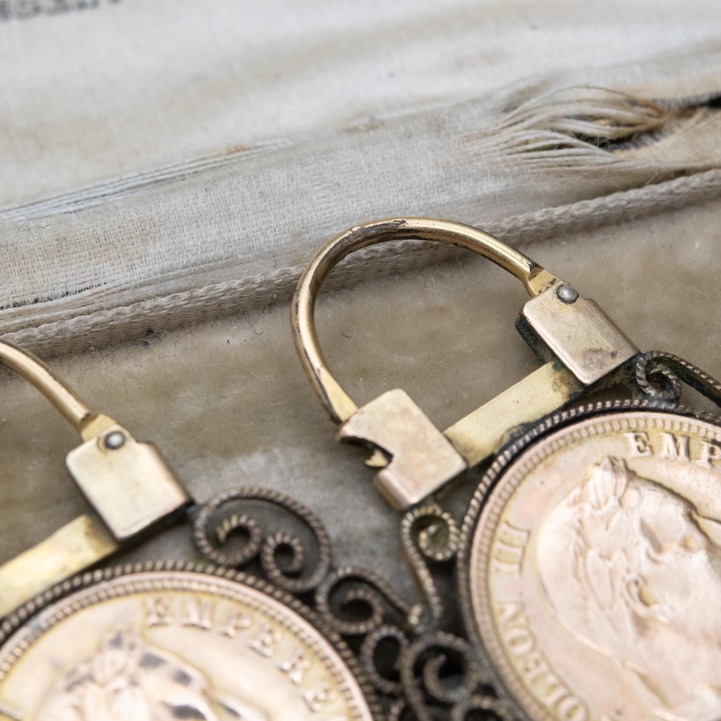 Vintage Napoleon III Coin Theme Earrings with Ornate Surround - Signed French Jewellery | Plaque Or Lamine
