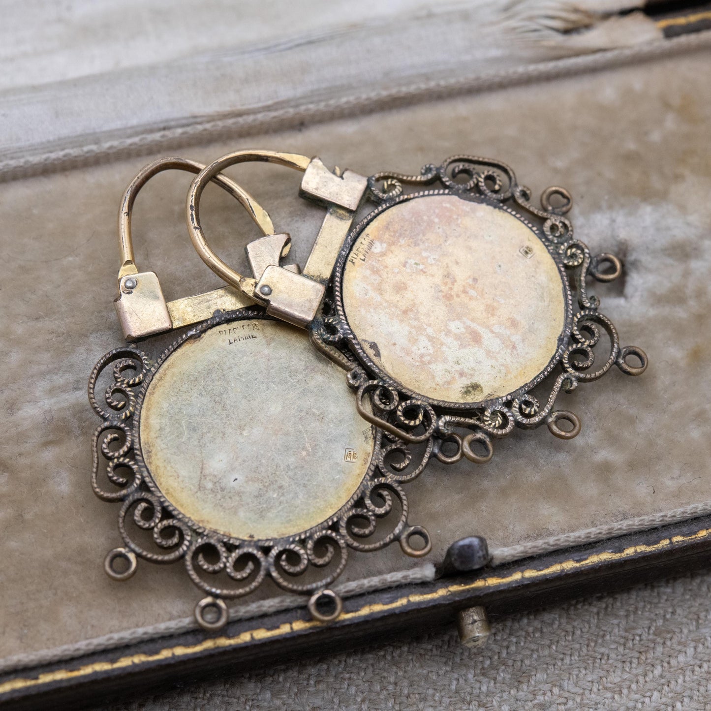 Vintage Napoleon III Coin Theme Earrings with Ornate Surround - Signed French Jewellery | Plaque Or Lamine