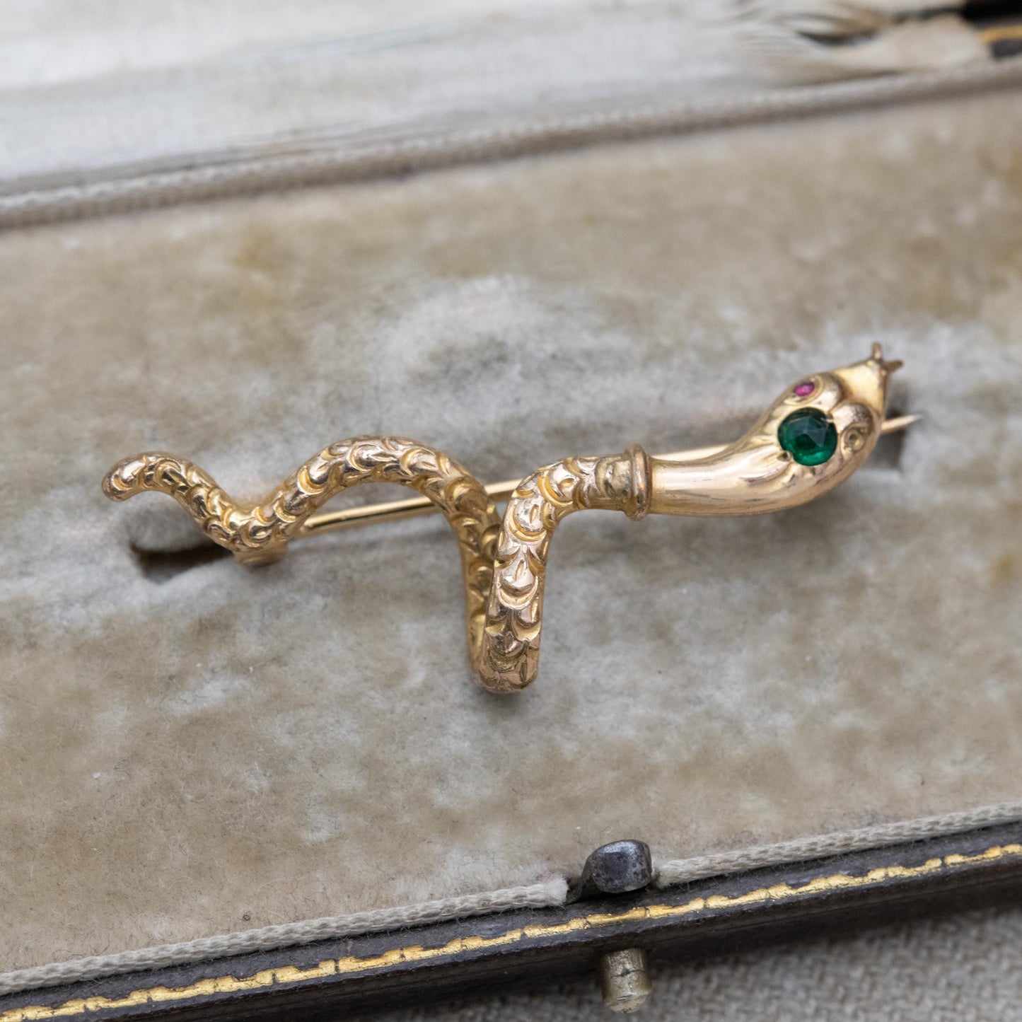 Antique Victorian Gold Filled Snake Brooch with Emerald Paste c. 1900