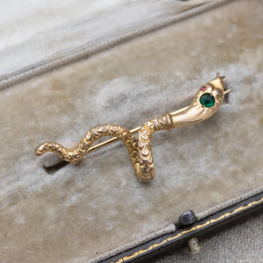 Antique Victorian Gold Filled Snake Brooch with Emerald Paste c. 1900