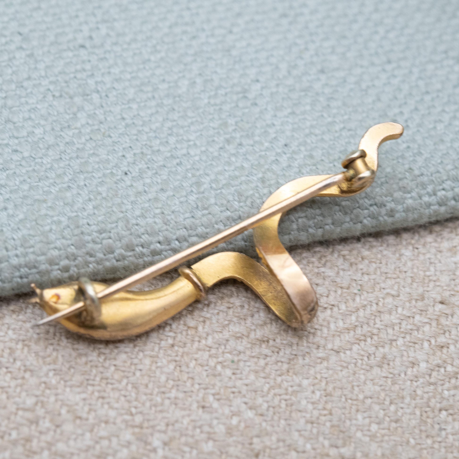 Antique Victorian Gold Filled Snake Brooch with Emerald Paste c. 1900