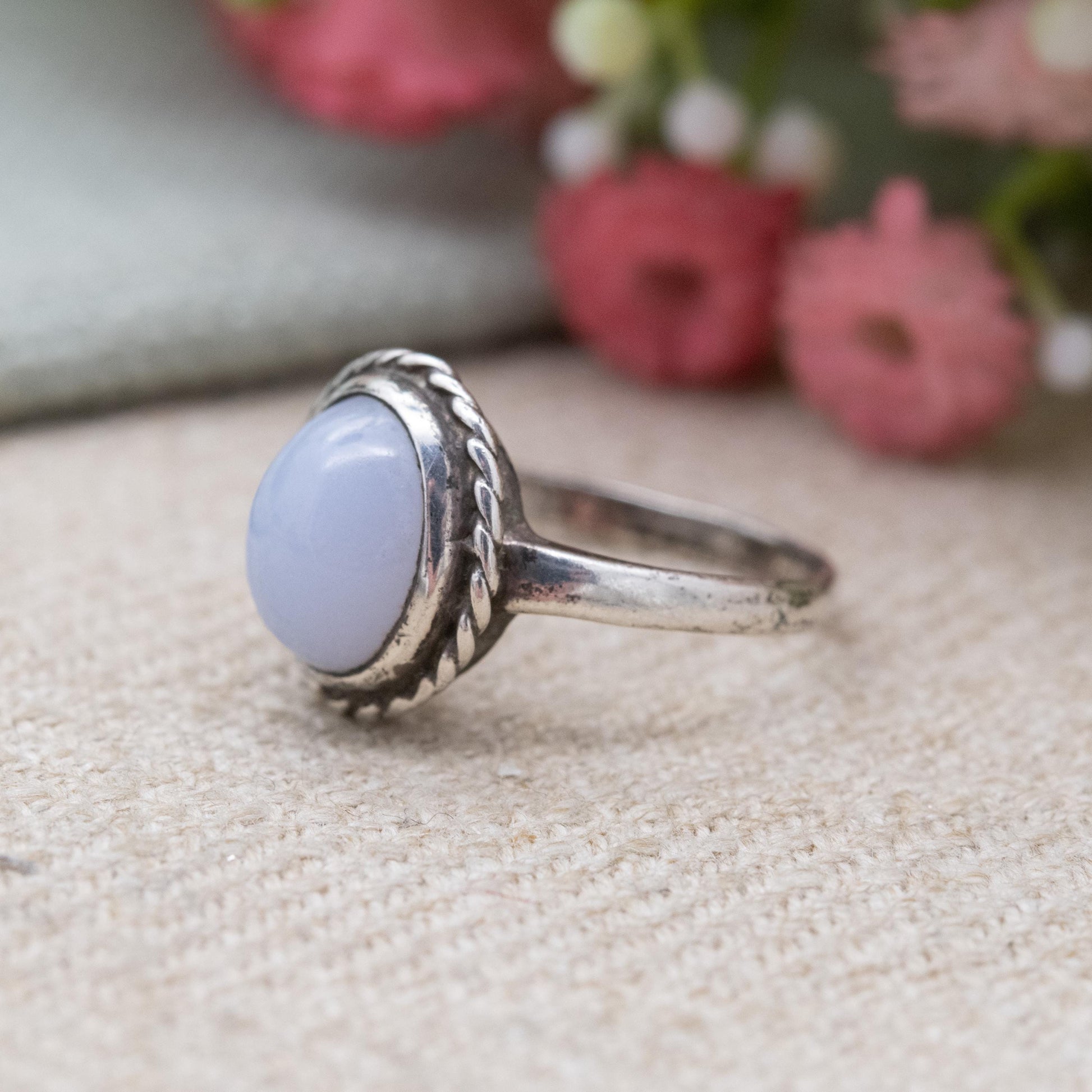 Vintage Silver Blue Lace Agate Ring Mid-Century - Statement Ring | Pale Blue Cabochon Stone | UK Size - L US Size - 5 3/4