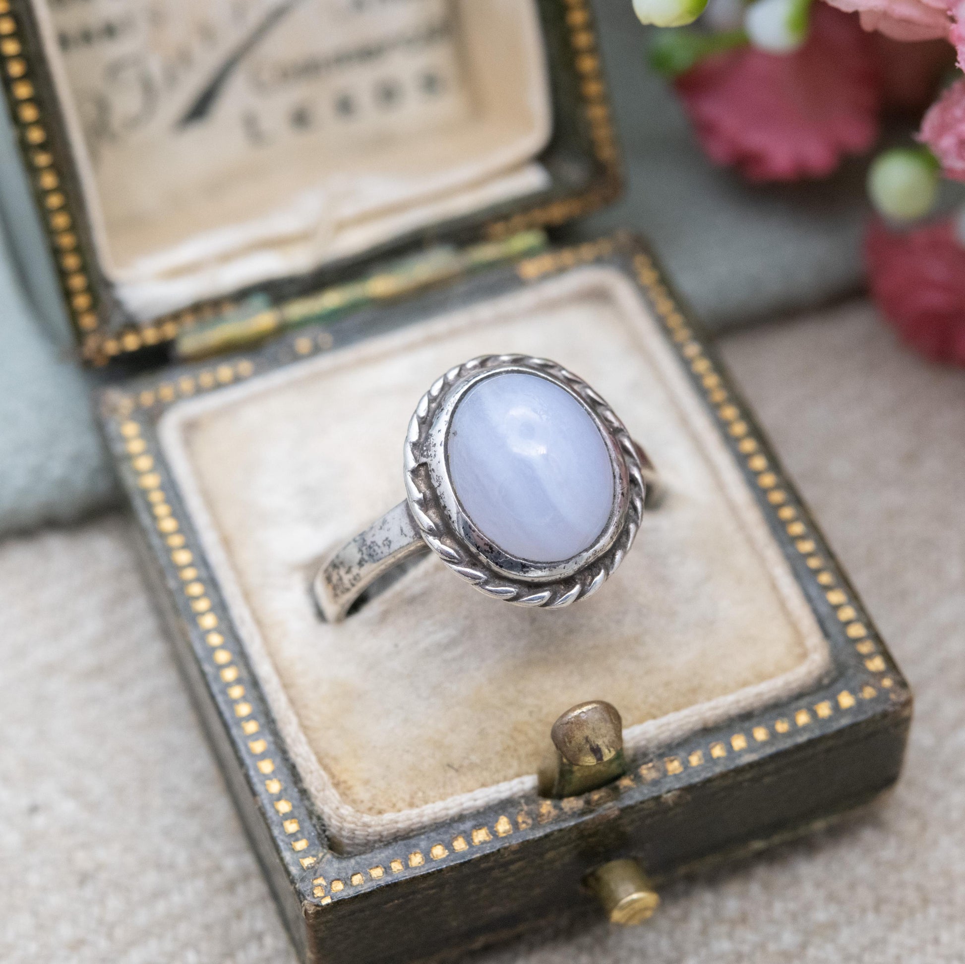Vintage Silver Blue Lace Agate Ring Mid-Century - Statement Ring | Pale Blue Cabochon Stone | UK Size - L US Size - 5 3/4