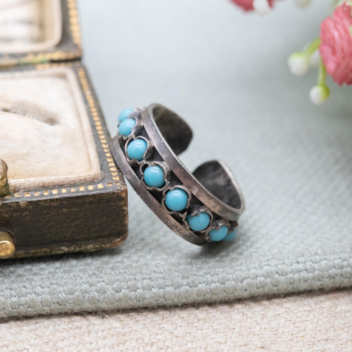 Vintage Southwestern Style Silver Eternity Band with Blue Stones - Open Back Adjustable Band | UK Size - M 1/2 | US Size - 6 1/2