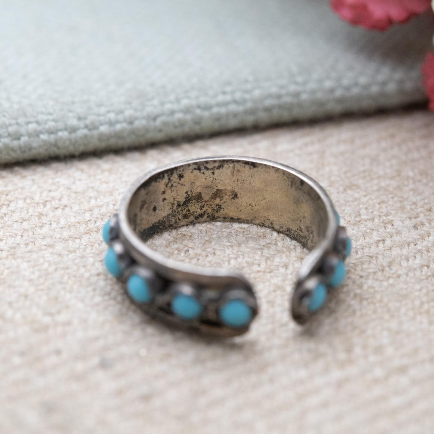 Vintage Southwestern Style Silver Eternity Band with Blue Stones - Open Back Adjustable Band | UK Size - M 1/2 | US Size - 6 1/2
