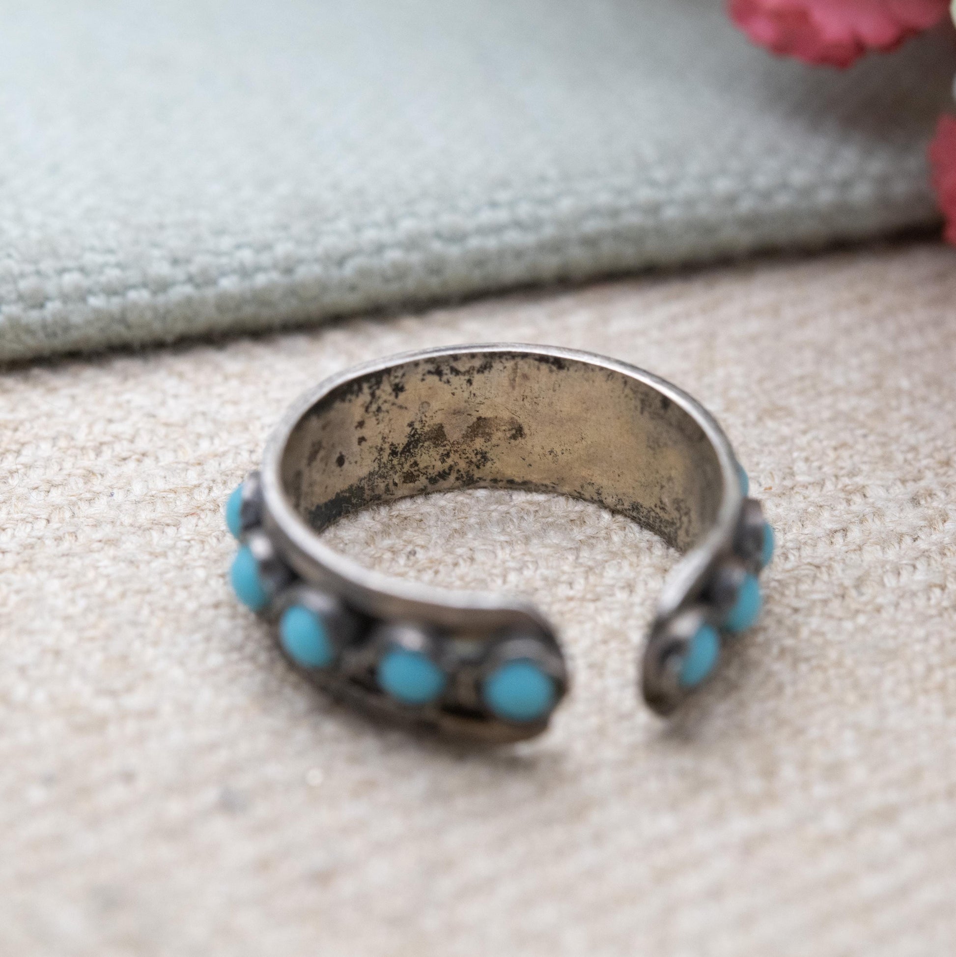 Vintage Southwestern Style Silver Eternity Band with Blue Stones - Open Back Adjustable Band | UK Size - M 1/2 | US Size - 6 1/2