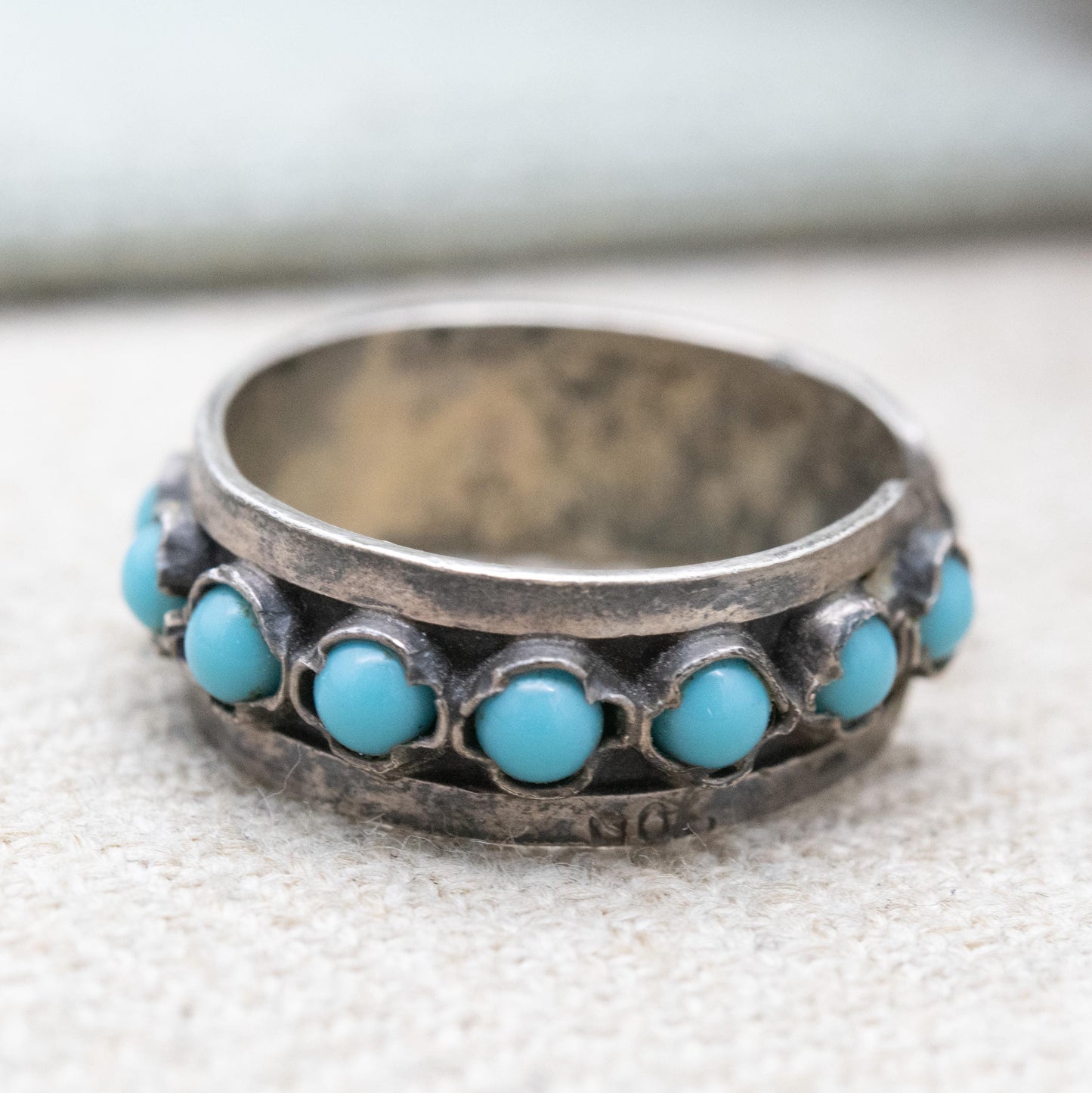 Vintage Southwestern Style Silver Eternity Band with Blue Stones - Open Back Adjustable Band | UK Size - M 1/2 | US Size - 6 1/2