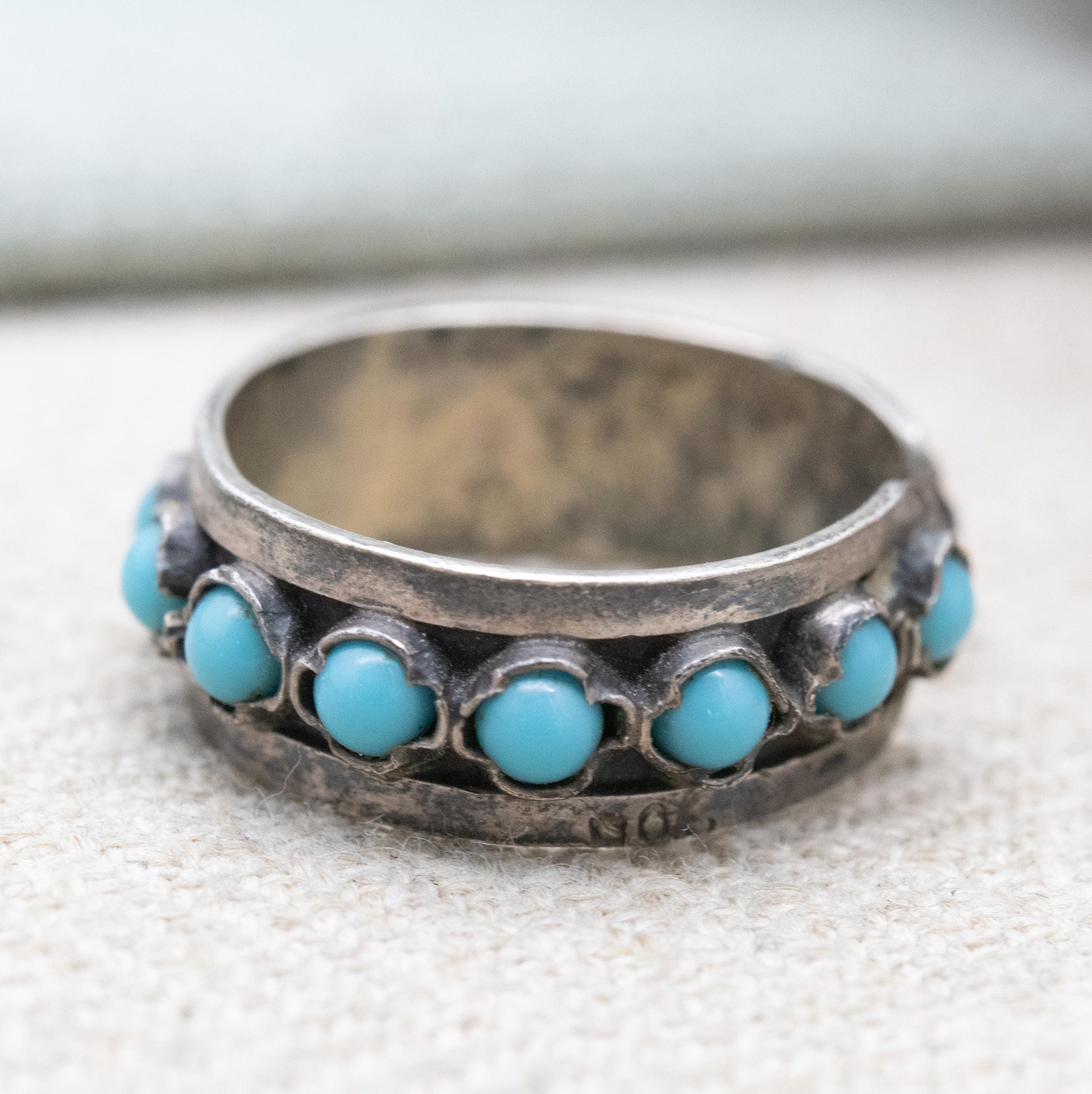 Vintage Southwestern Style Silver Eternity Band with Blue Stones - Open Back Adjustable Band | UK Size - M 1/2 | US Size - 6 1/2
