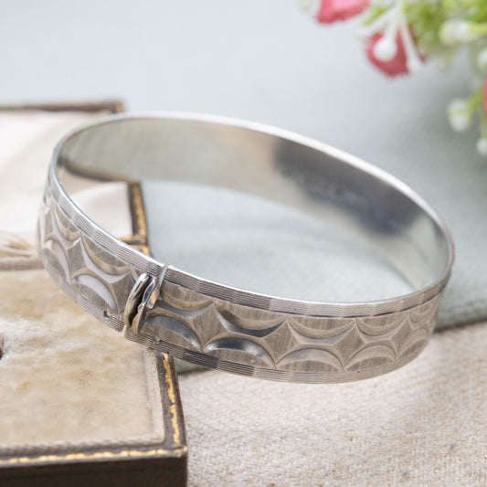 Vintage Sterling Silver Geometric Engraved and Textured Bangle Bracelet 1978 - Chunky Unisex Gift