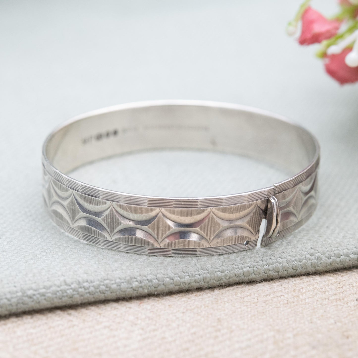Vintage Sterling Silver Geometric Engraved and Textured Bangle Bracelet 1978 - Chunky Unisex Gift