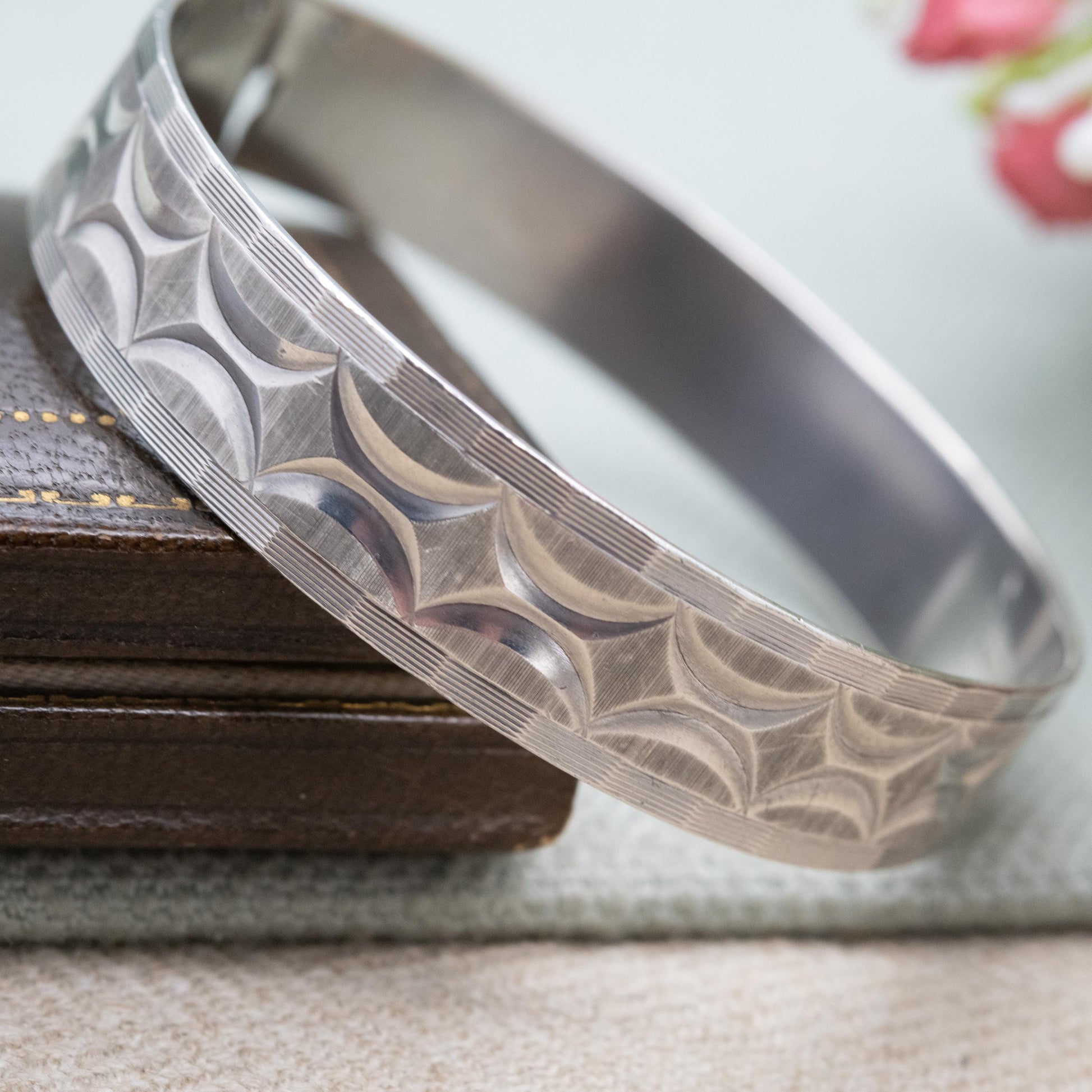 Vintage Sterling Silver Geometric Engraved and Textured Bangle Bracelet 1978 - Chunky Unisex Gift