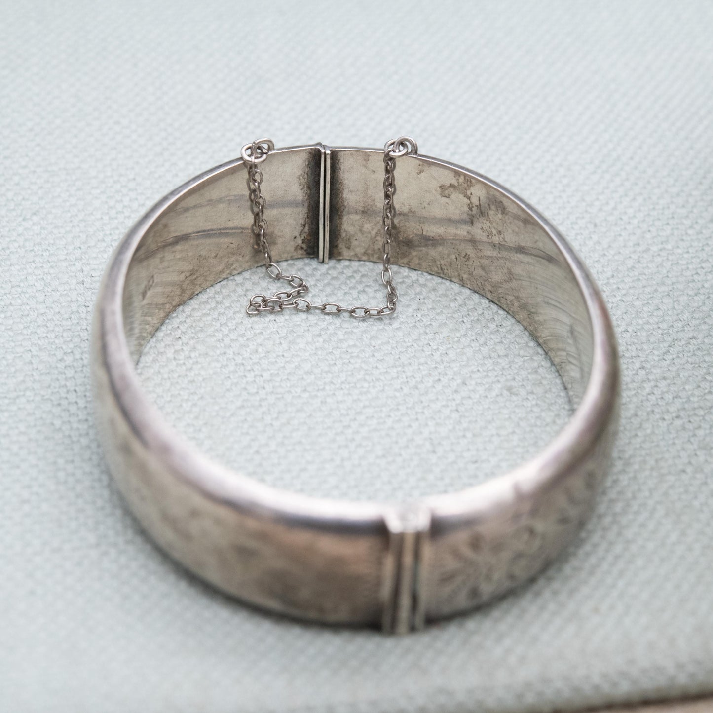 Vintage Sterling Silver Engraved Bangle Bracelet 1969 - Chunky Victorian Aesthetic Scrolling Style with Safety Chain