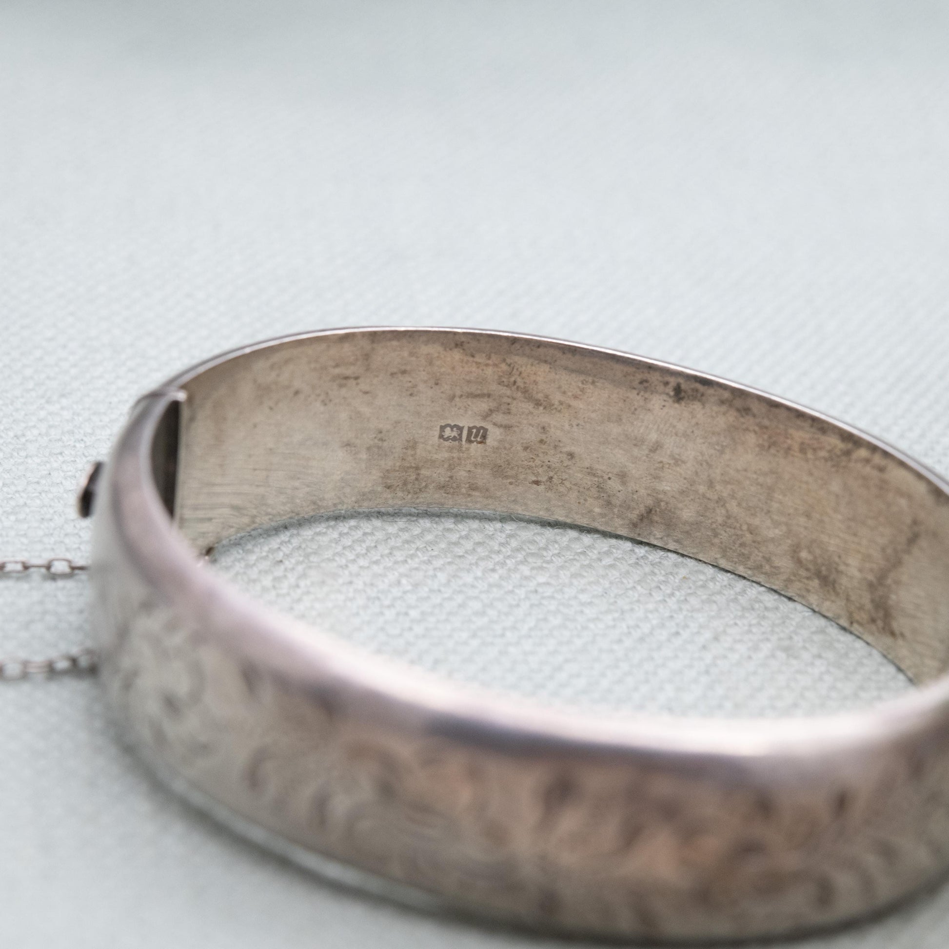 Vintage Sterling Silver Engraved Bangle Bracelet 1969 - Chunky Victorian Aesthetic Scrolling Style with Safety Chain
