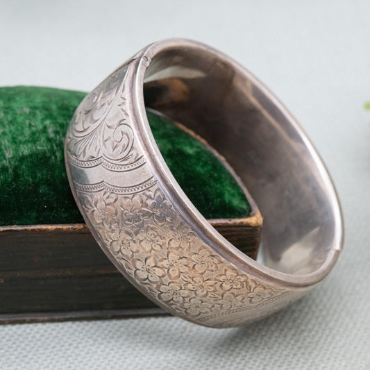 Vintage Sterling Silver Engraved Bangle Bracelet 1960 - Chunky Victorian Aesthetic Scrolling Style with Safety Chain
