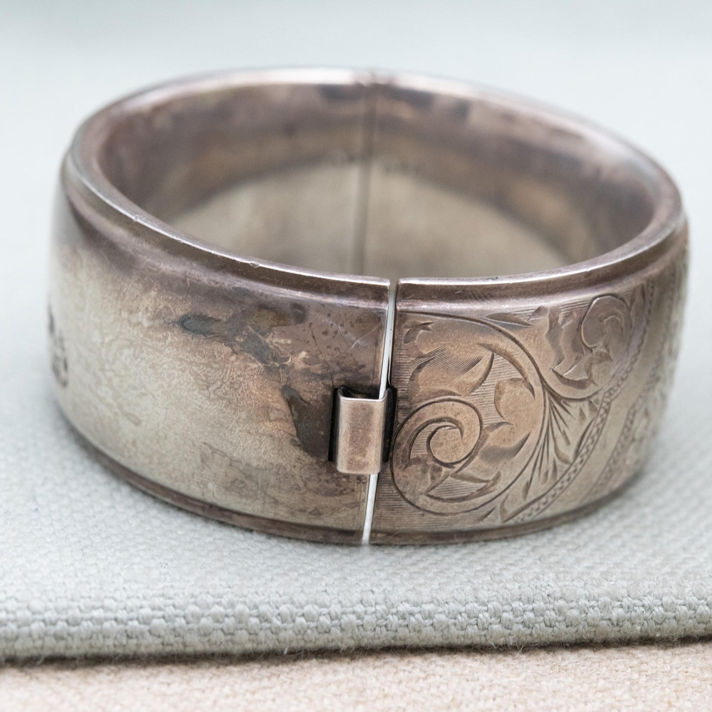 Vintage Sterling Silver Engraved Bangle Bracelet 1960 - Chunky Victorian Aesthetic Scrolling Style with Safety Chain