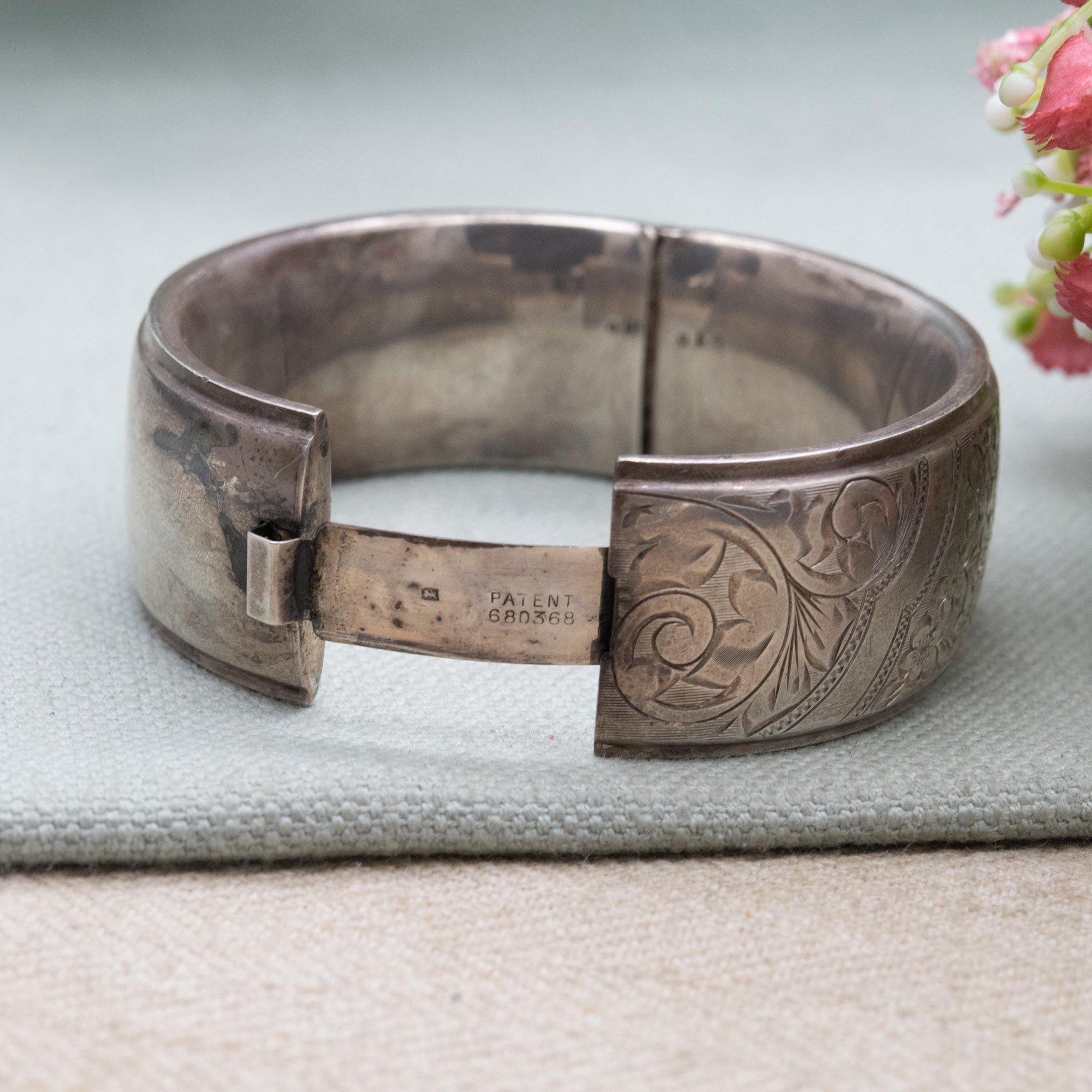 Vintage Sterling Silver Engraved Bangle Bracelet 1960 - Chunky Victorian Aesthetic Scrolling Style with Safety Chain