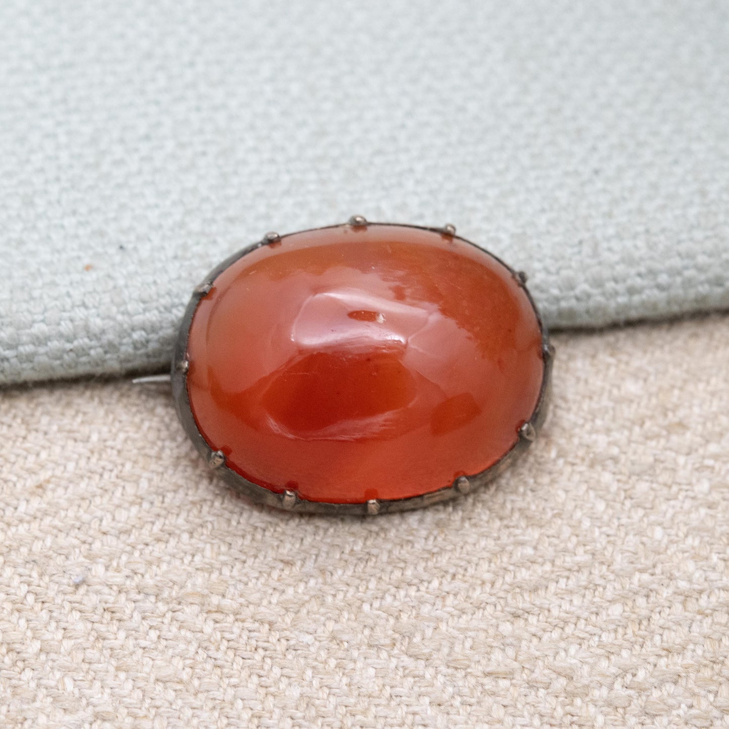 Antique Silver Carnelian Cabochon Brooch c. 1800s - Minimal Design | Banded Red Orange Gemstone Jewellery Gift