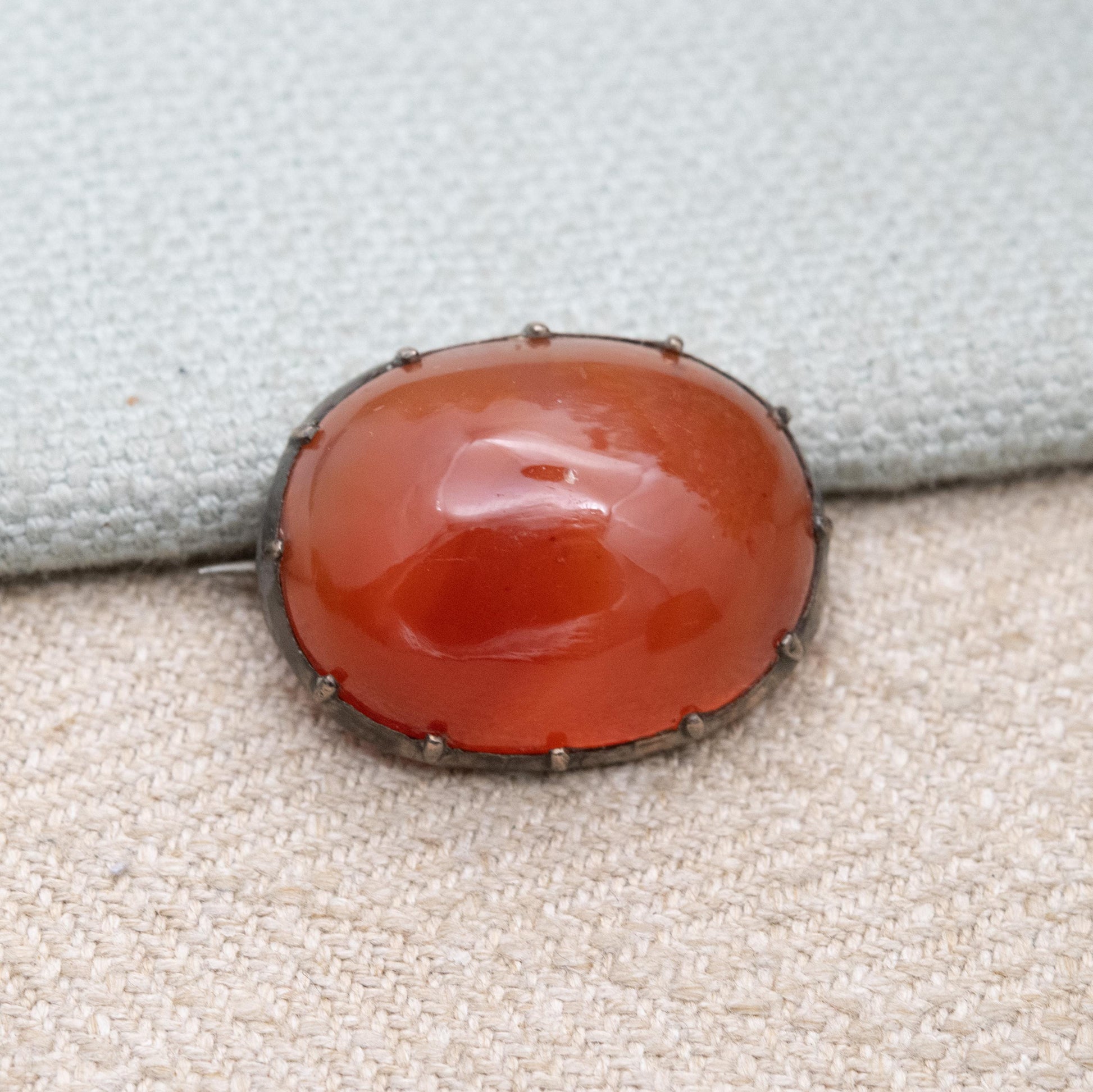 Antique Silver Carnelian Cabochon Brooch c. 1800s - Minimal Design | Banded Red Orange Gemstone Jewellery Gift