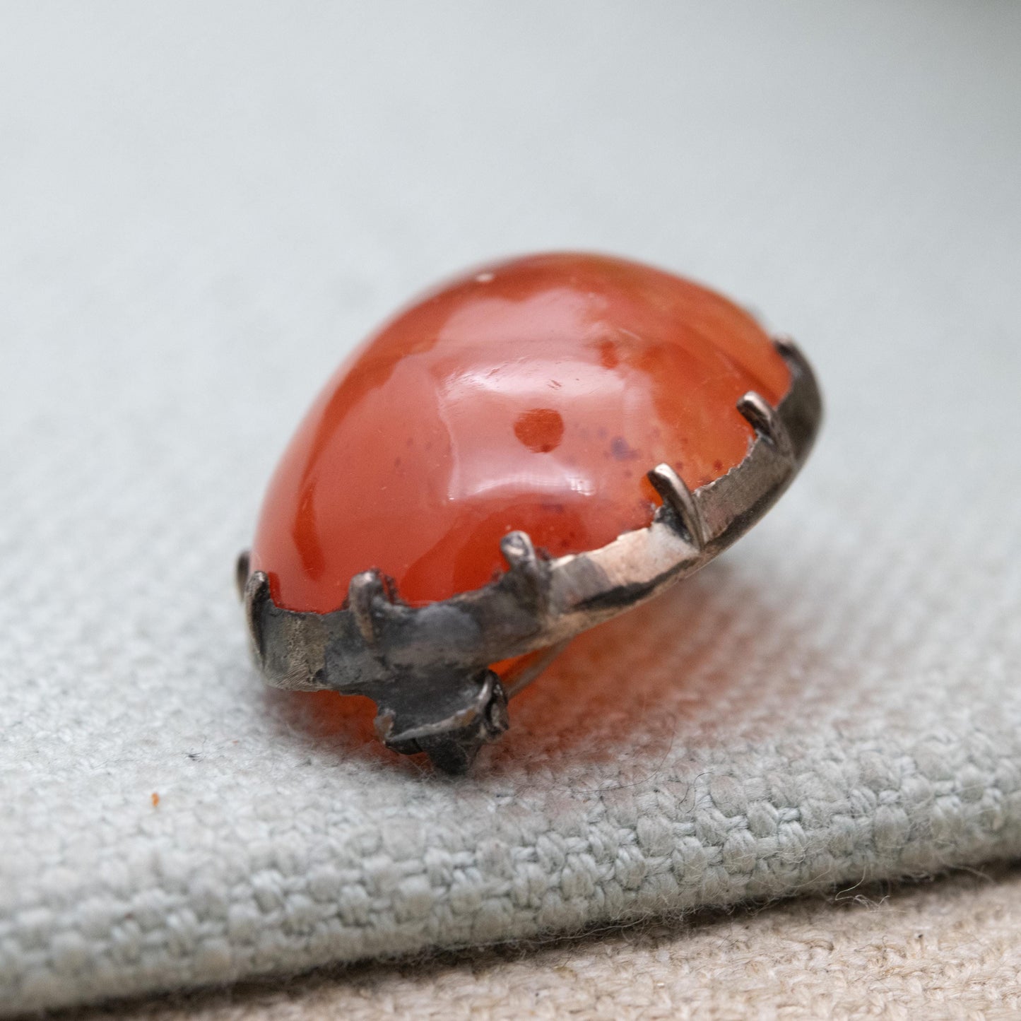 Antique Silver Carnelian Cabochon Brooch c. 1800s - Minimal Design | Banded Red Orange Gemstone Jewellery Gift