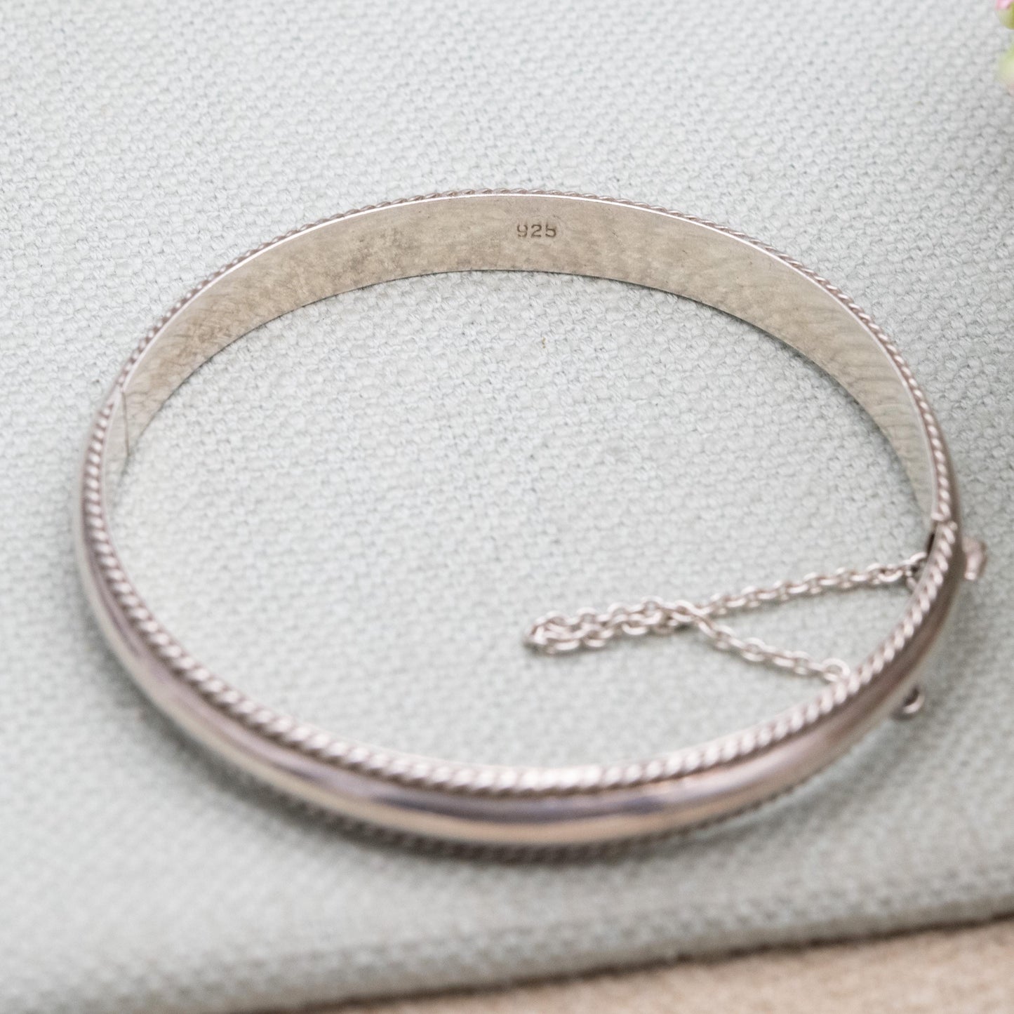 Vintage Sterling Silver Minimalist Bangle Bracelet - Rope Twist Border with Safety Chain