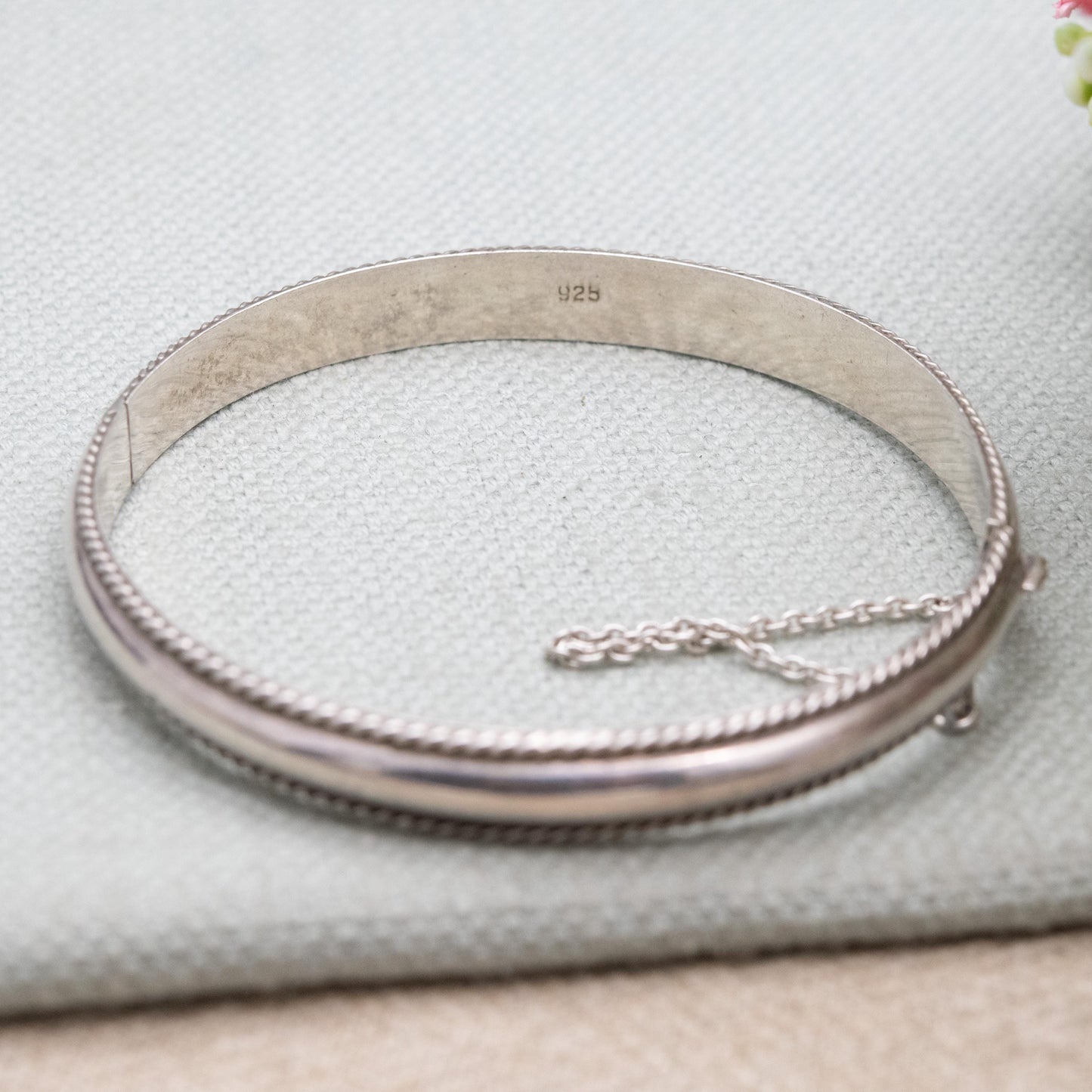 Vintage Sterling Silver Minimalist Bangle Bracelet - Rope Twist Border with Safety Chain