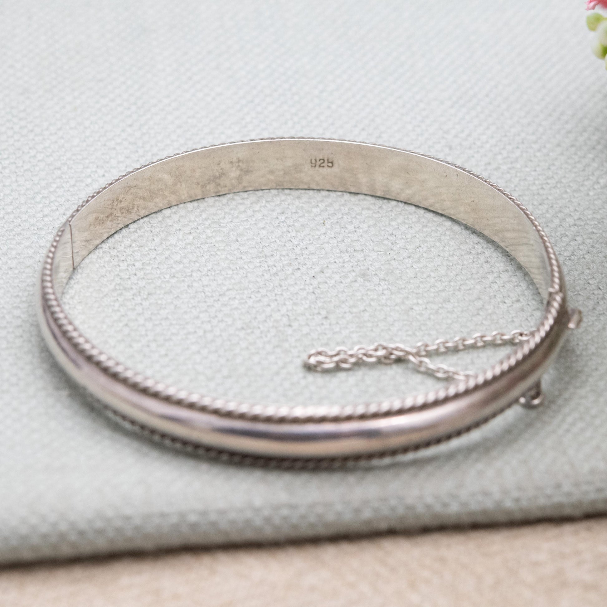 Vintage Sterling Silver Minimalist Bangle Bracelet - Rope Twist Border with Safety Chain