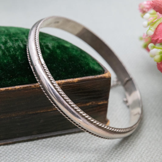 Vintage Sterling Silver Minimalist Bangle Bracelet - Rope Twist Border with Safety Chain